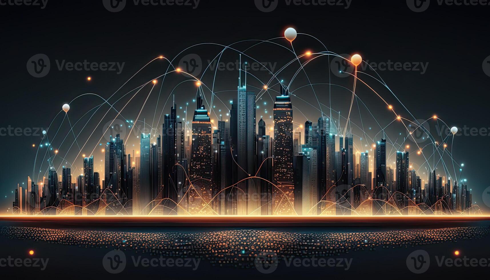 Futuristic city connected by internet links. Panorama aerial view of smart city, connectivity concept. . photo