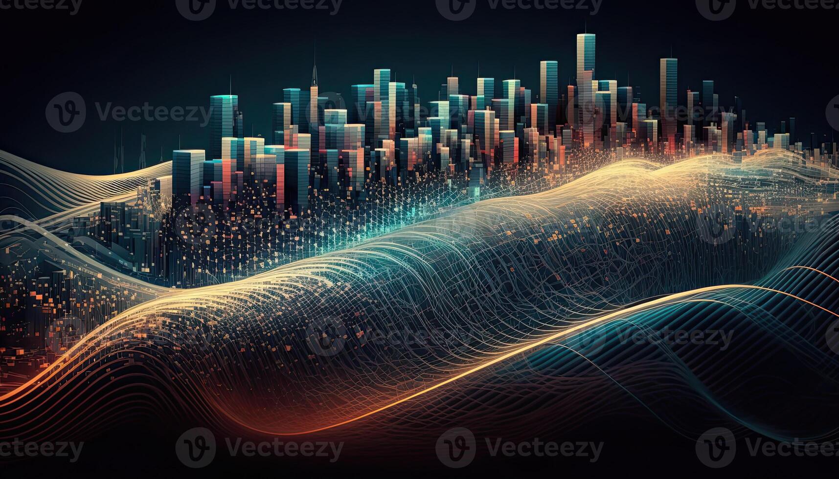 Futuristic smart cities, abstract dots, gradient lines, and aesthetic all work together. Complex wave lines with the idea of a huge data link. . photo