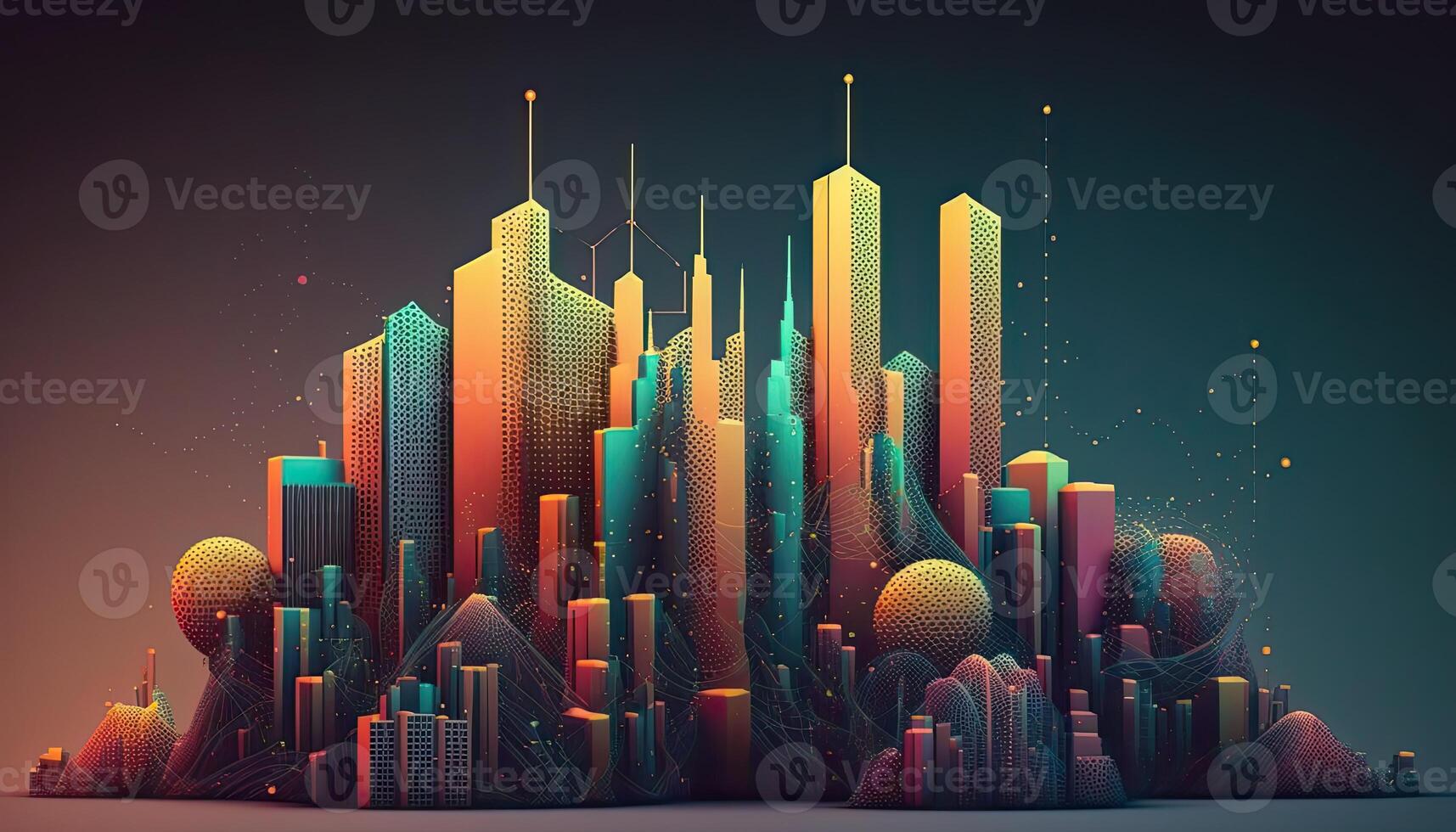 Futuristic Smart City of Dots and Polygonal Lines with Skyline Building. Background. photo