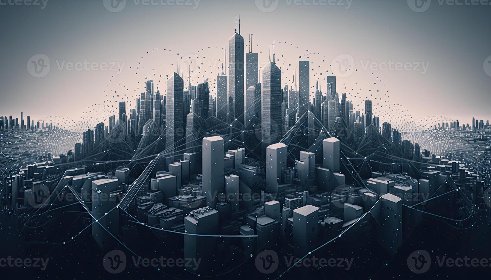 Futuristic city connected by invisible internet links. Panorama aerial view of smart city, connectivity concept. . photo