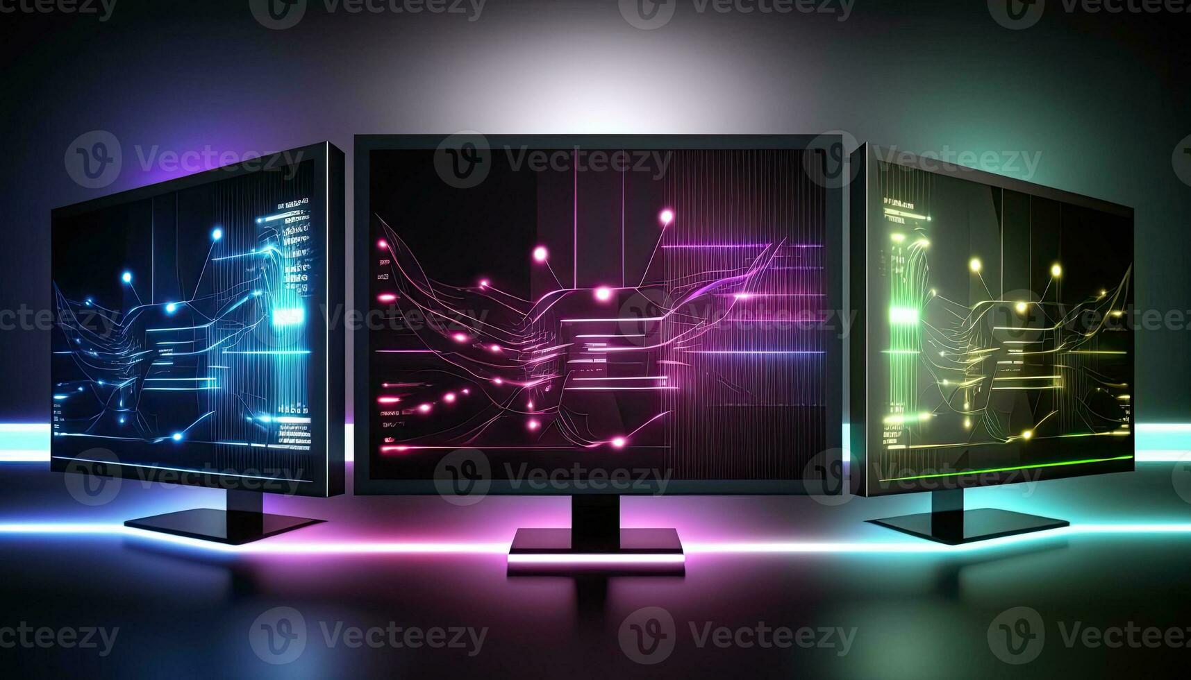 Futuristic Technology Abstract Background with Colorful Neon Light Circuit Connection Computers photo