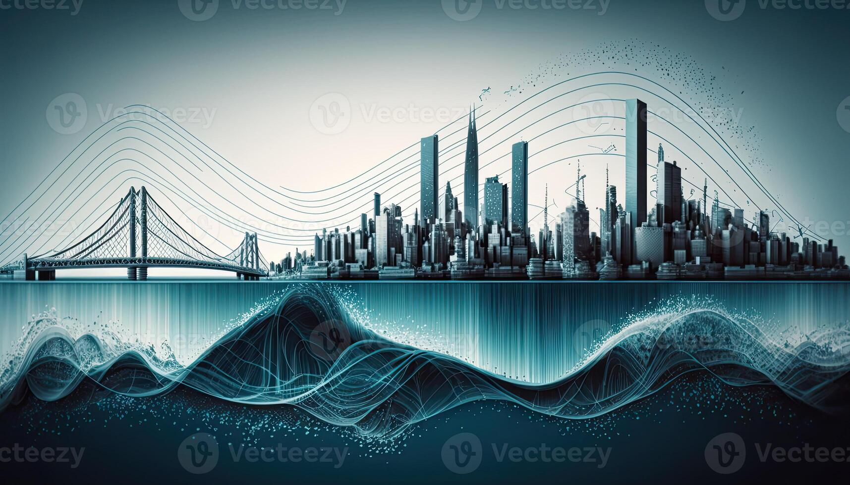 Futuristic smart cities, abstract dots, gradient lines, and aesthetic all work together. Complex wave lines with the idea of a huge data link. . photo