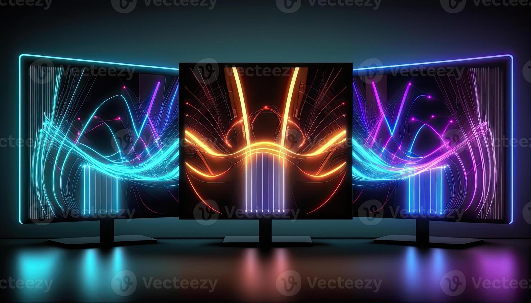 Futuristic Technology Abstract Background. Colorful Neon Light Motion Virtual Screen Desktop Or Computers. Digital Illustration. photo