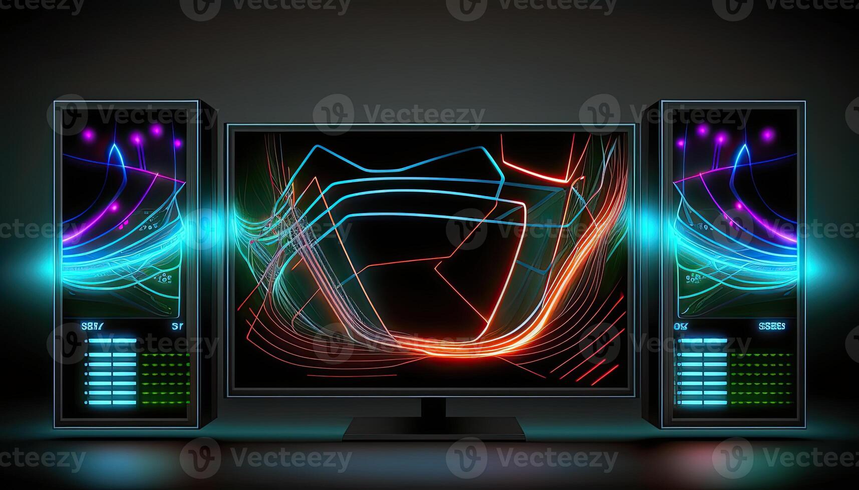 Futuristic Technology Abstract Background. Glowing Neon Light Motion Virtual Screen Computer and CPU. Digital Illustration. photo