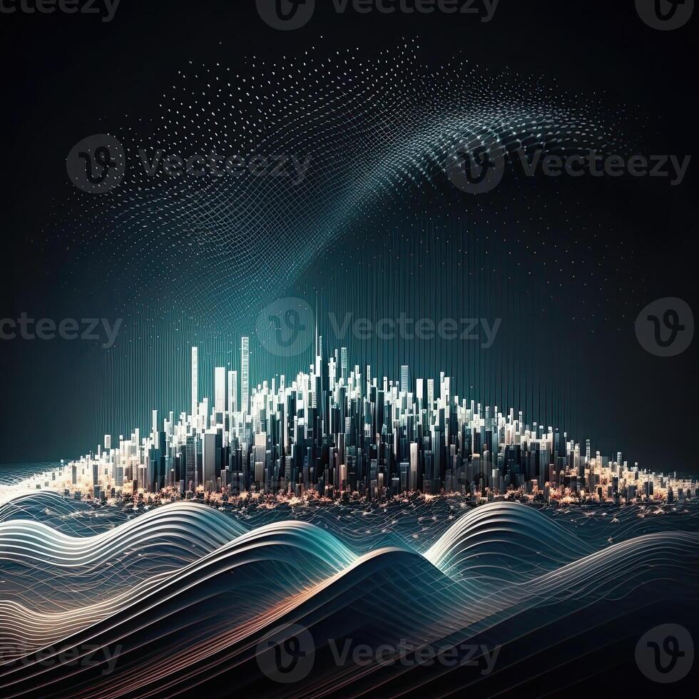 Futuristic smart cities, abstract dots, gradient lines, and aesthetic all work together. Complex wave lines with the idea of a huge data link. . photo