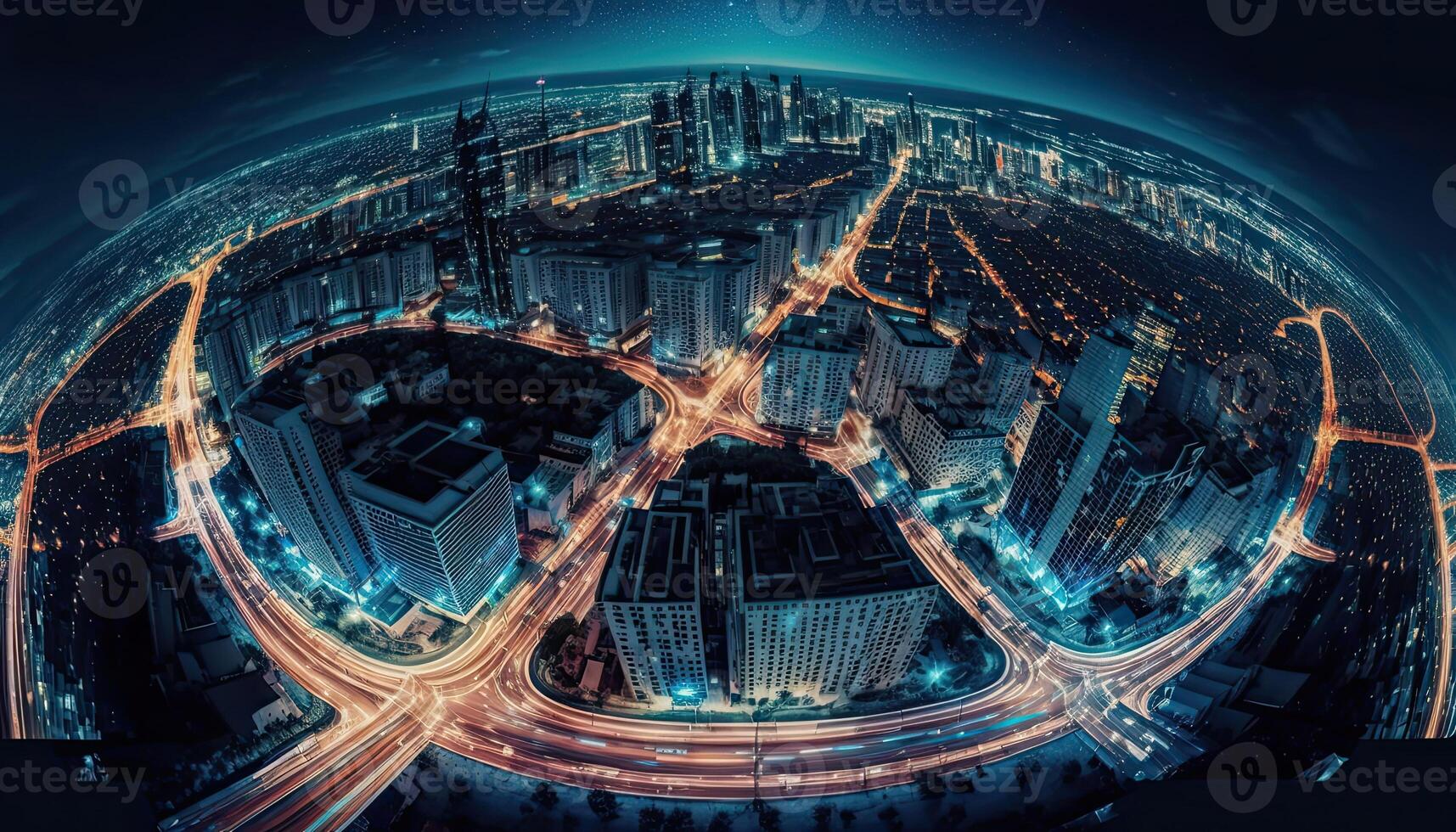 Futuristic city connected by invisible internet links. Panorama aerial view of smart city, connectivity concept. . photo