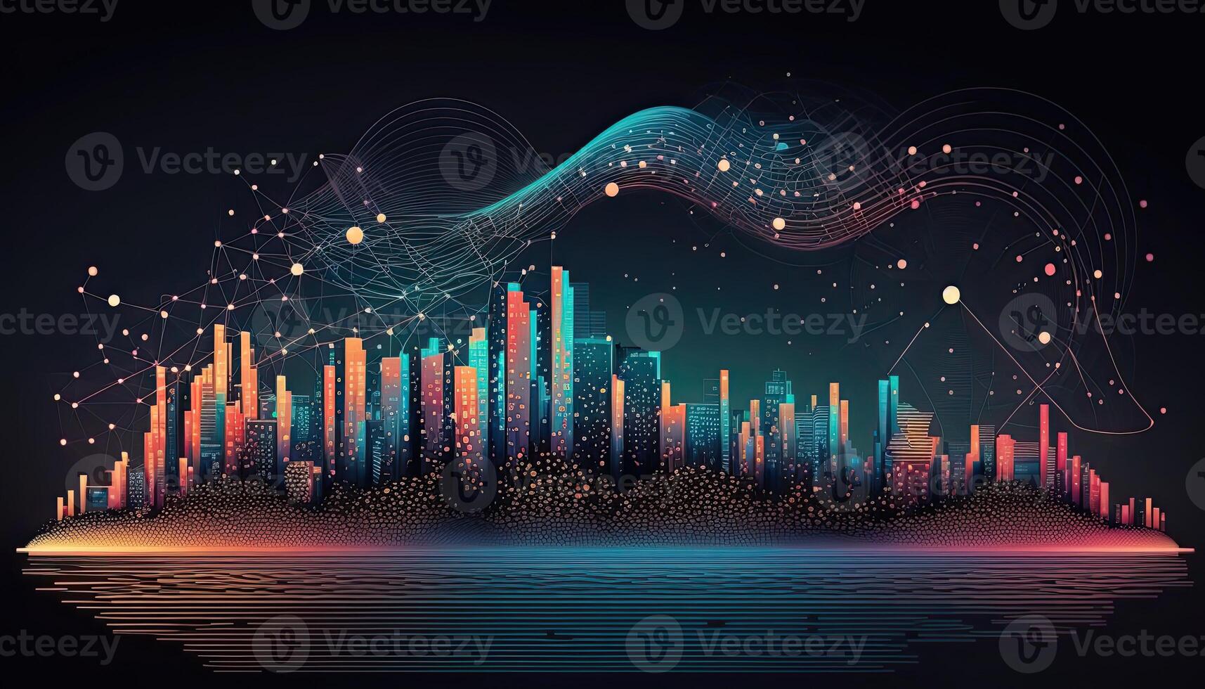 Futuristic smart cities, abstract dots, gradient lines, and aesthetic all work together. Complex wave lines with the idea of a huge data link. . photo