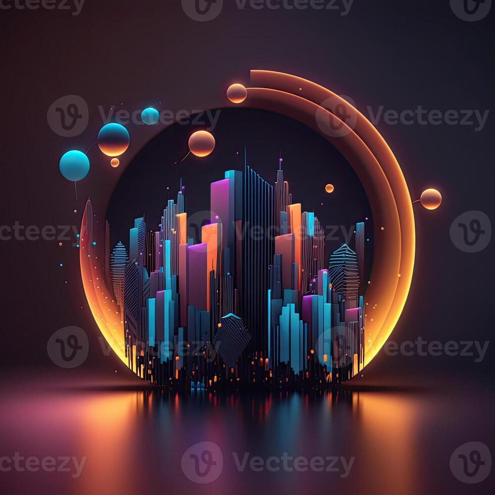 Futuristic of neon glowing in circular shape, cityscape. Cyberpunk in buildings view with digital design. . photo