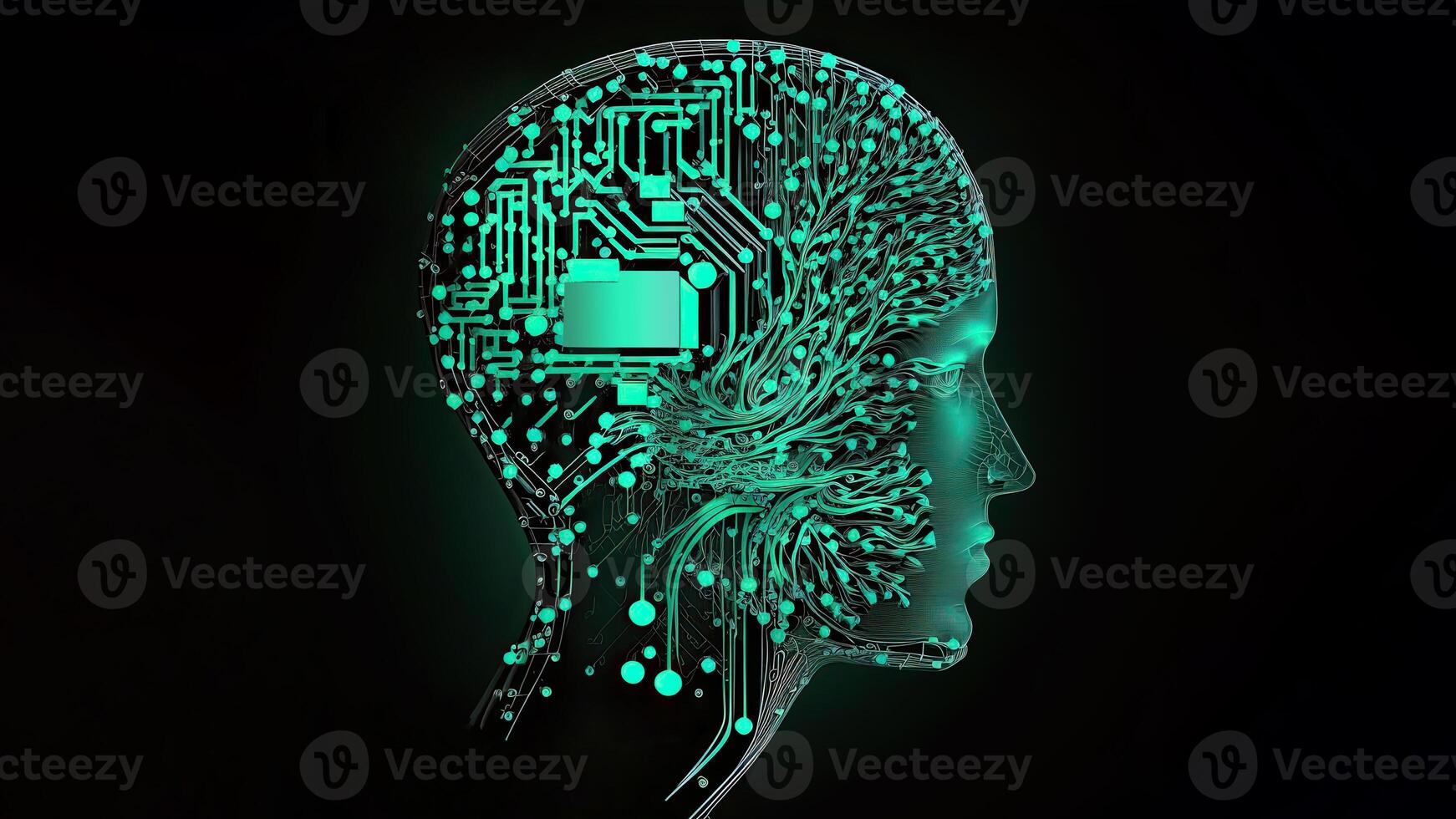 Artificial Intelligence in Humanoid Head with Neural Network, Digital Brain Learning Processing Big Data. Face of Cyber Mind. Technology. photo