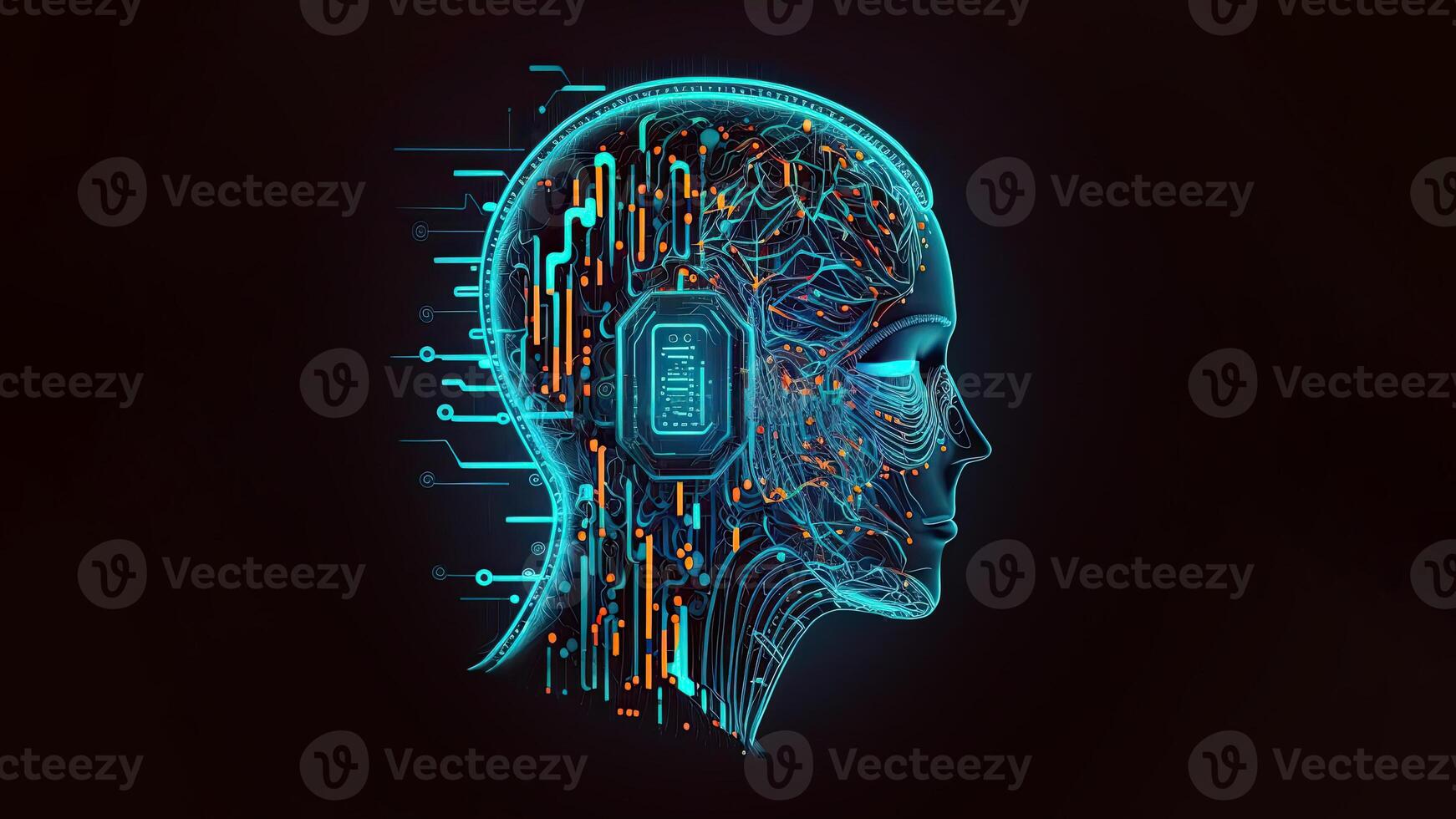 Artificial Intelligence in Humanoid Head with Neural Network, Digital Brain Learning Processing Big Data. Face of Cyber Mind. Technology. photo