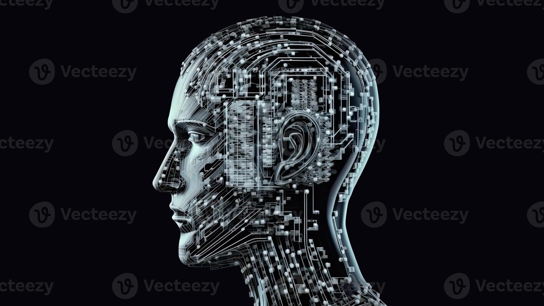 Artificial Intelligence in Humanoid Head with Neural Network, Digital Brain Learning Processing Big Data. Face of Cyber Mind. Technology. photo