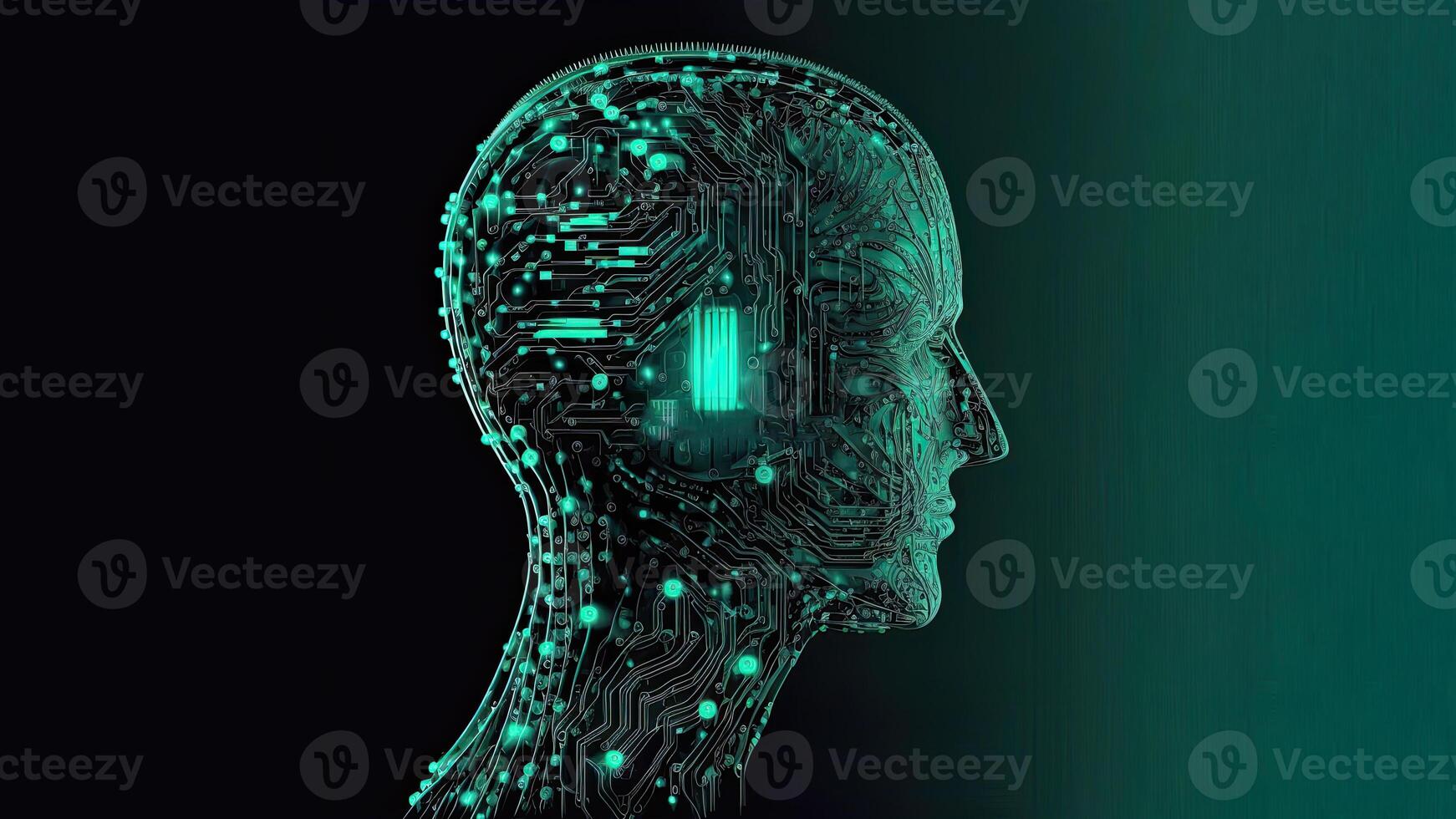 Artificial Intelligence in Humanoid Head with Neural Network, Digital Brain Learning Processing Big Data. Face of Cyber Mind. Technology. photo