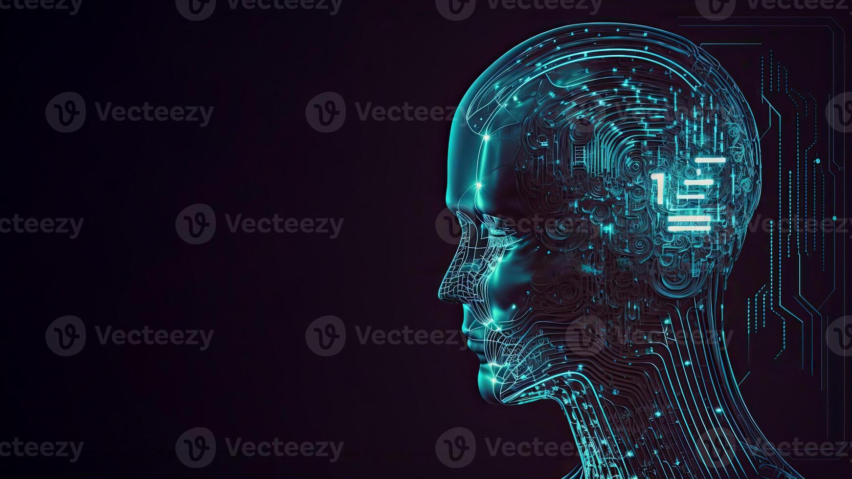Artificial Intelligence in Humanoid Head with Neural Network, Digital Brain Learning Processing Big Data. Face of Cyber Mind. Technology. photo