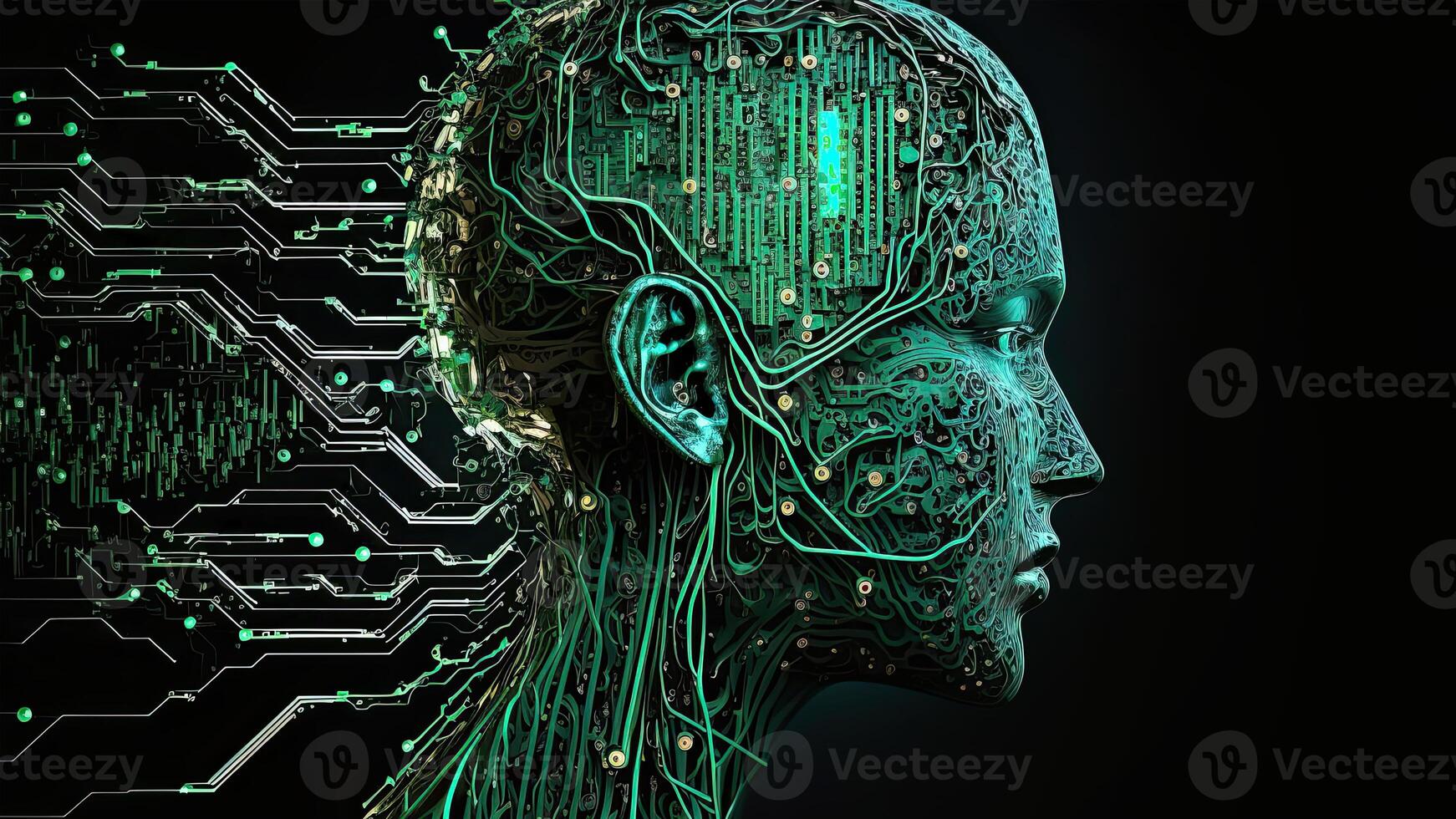 Artificial Intelligence in Humanoid Head with Neural Network, Digital Brain Learning Processing Big Data. Face of Cyber Mind. Technology. photo