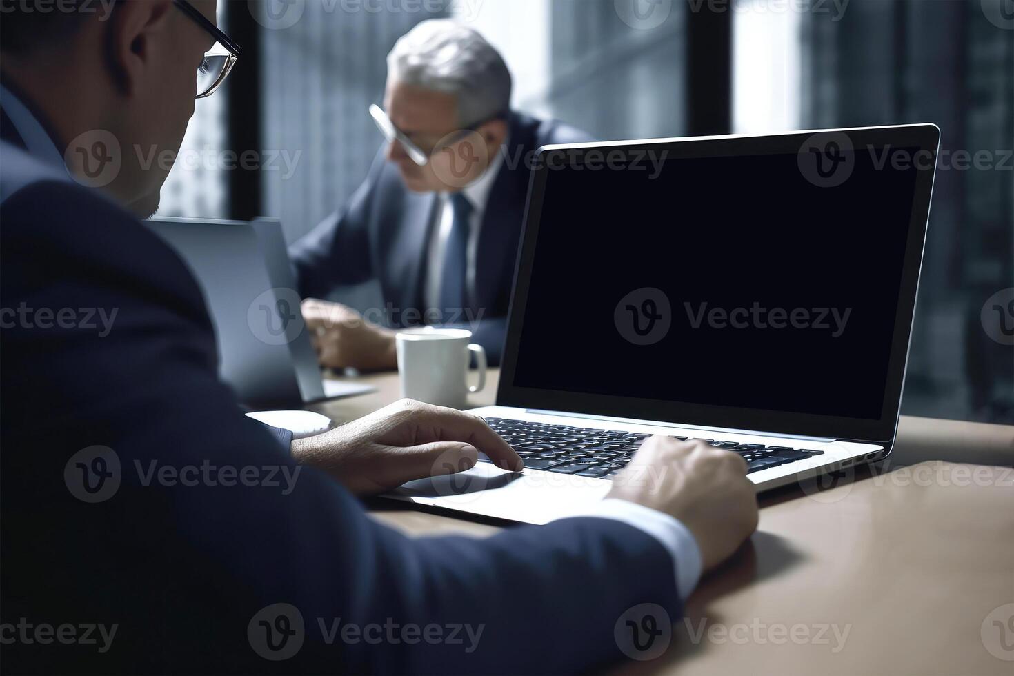 Closeup View of Two Senior Businessmen Using Laptop and Sit at Desk in Modern Office Room. Illustration. photo