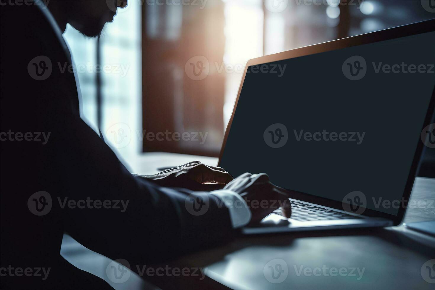 Closeup View of African Businessman Working on Laptop and sitting at Desk in Shiny Boardroom. Generative AI Illustration. photo