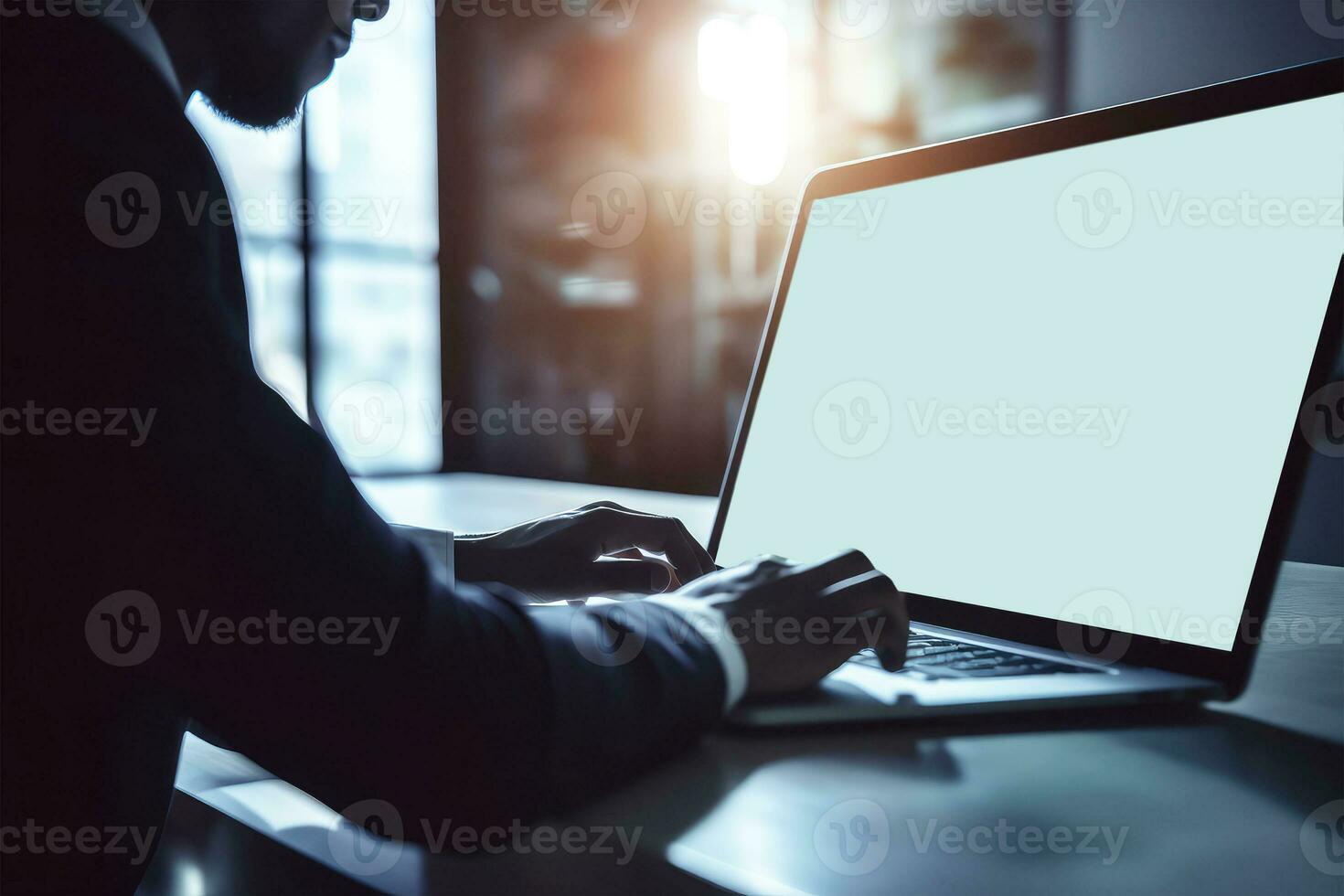 Closeup View of African Businessman Working on Laptop and Sit at Desk in Shiny Modern Room. Generative AI Illustration. photo