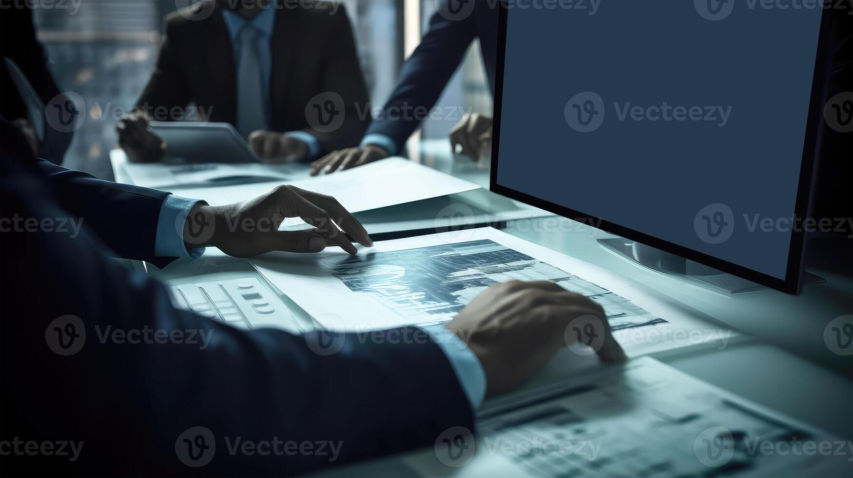 Closeup View of Businessmen Working Together on a Document with Computer And Sitting At Desk in Modern office Room. Illustration. photo