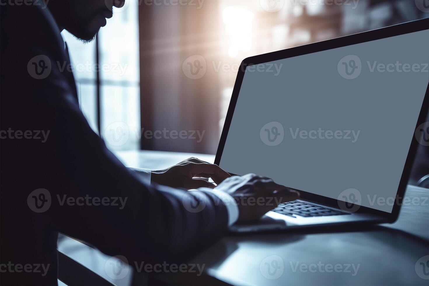 Closeup View of African Businessman Working on Laptop and sitting at Desk in Shiny Boardroom. Generative AI Illustration. photo