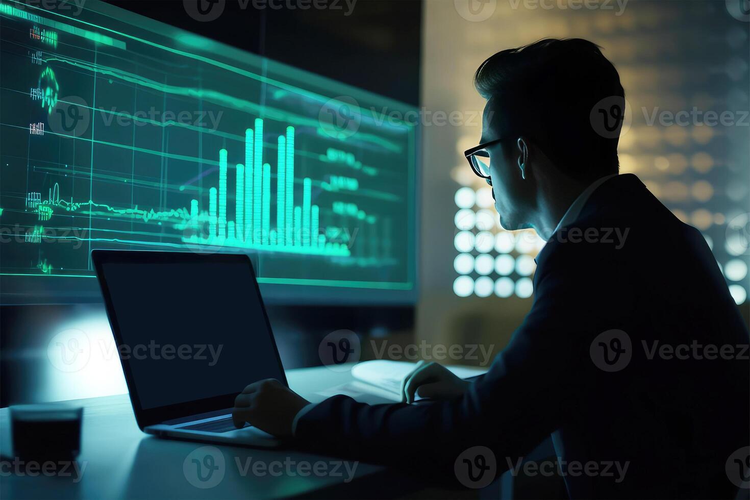 Side View of Handsome Businessman Using Laptop and Sitting at Desk with Green Financial Dashboard In Dark Room. Illustration. photo