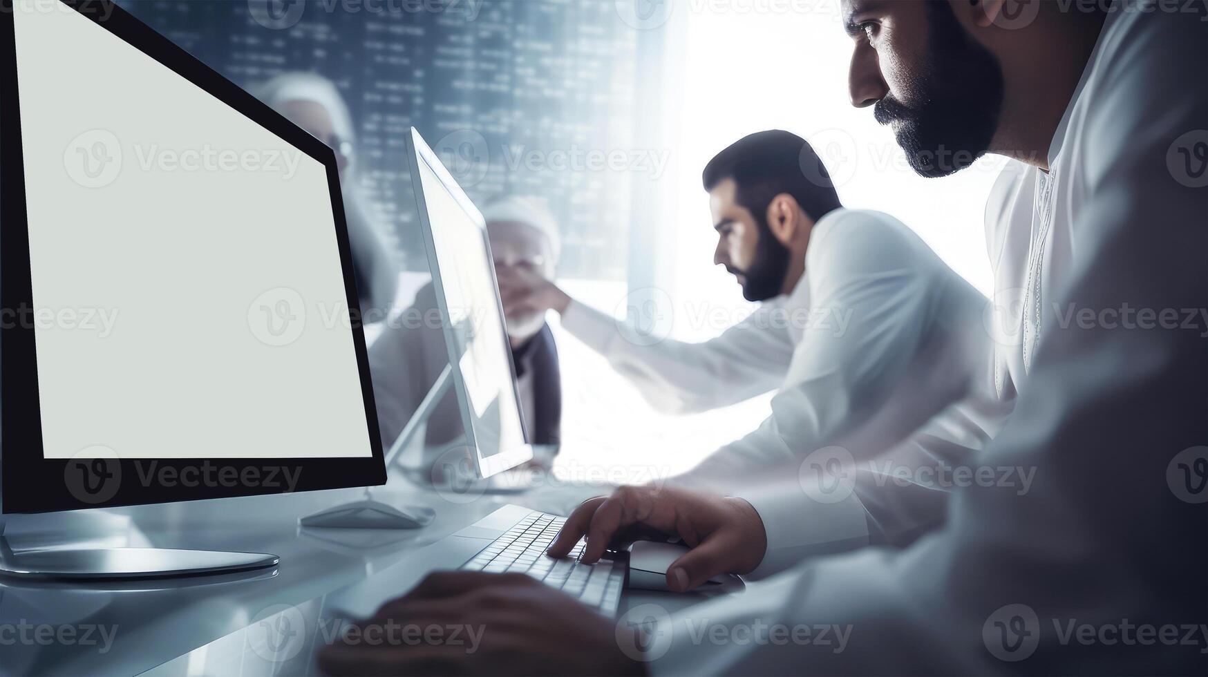 Realistic Portrait of Arabic Businessmen Working on Computer with Coworker In Office. Illustration. photo