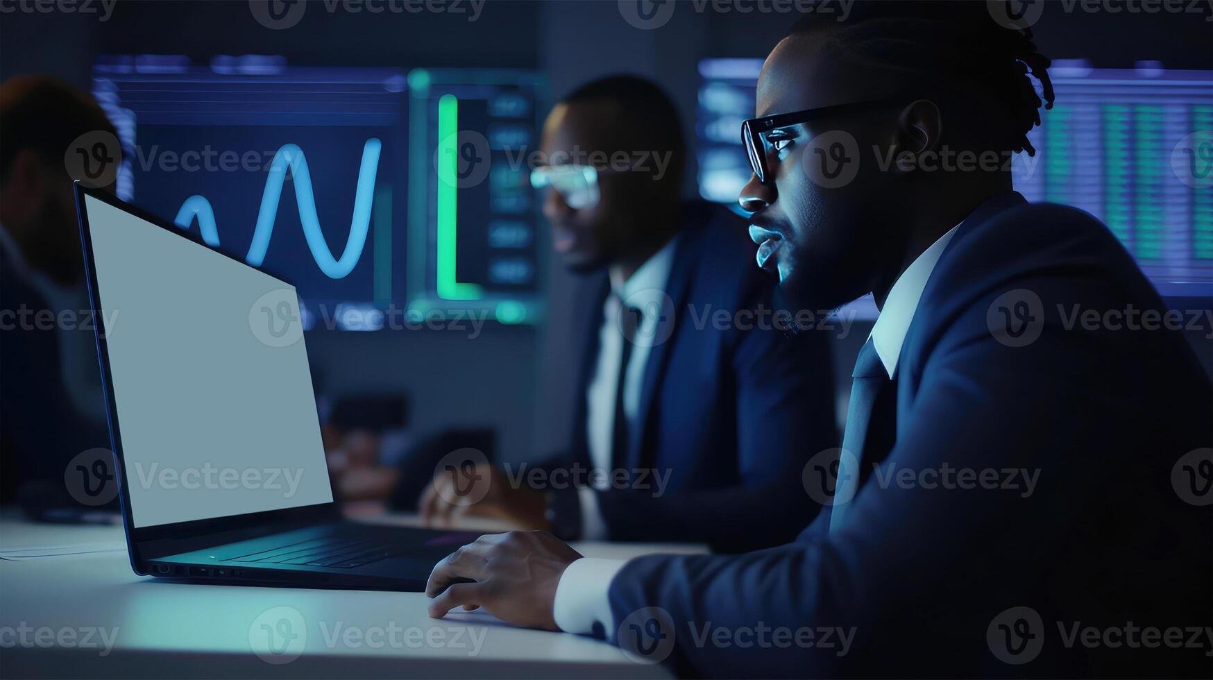 Portrait of Young Asian IT Programers Working on Laptop In Dark Office. Illustration. photo