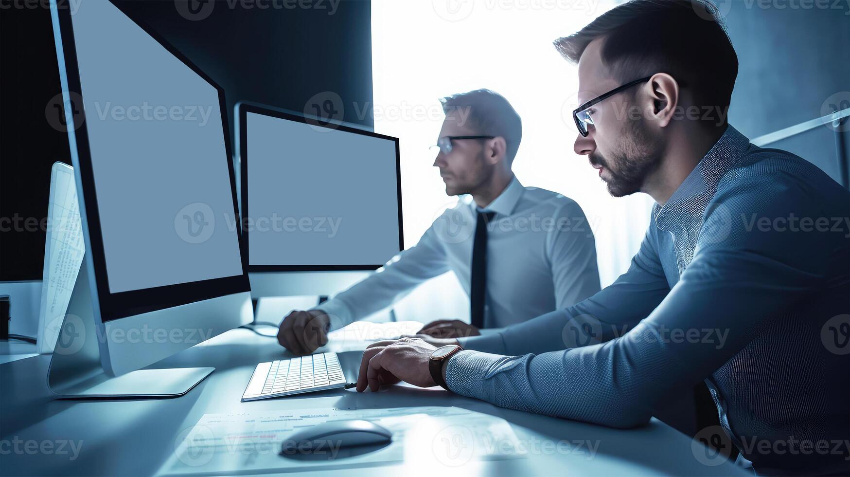 Side View of Concentrate Young Businessman Working Together At Desk with Computer and Paper. Illustration. photo