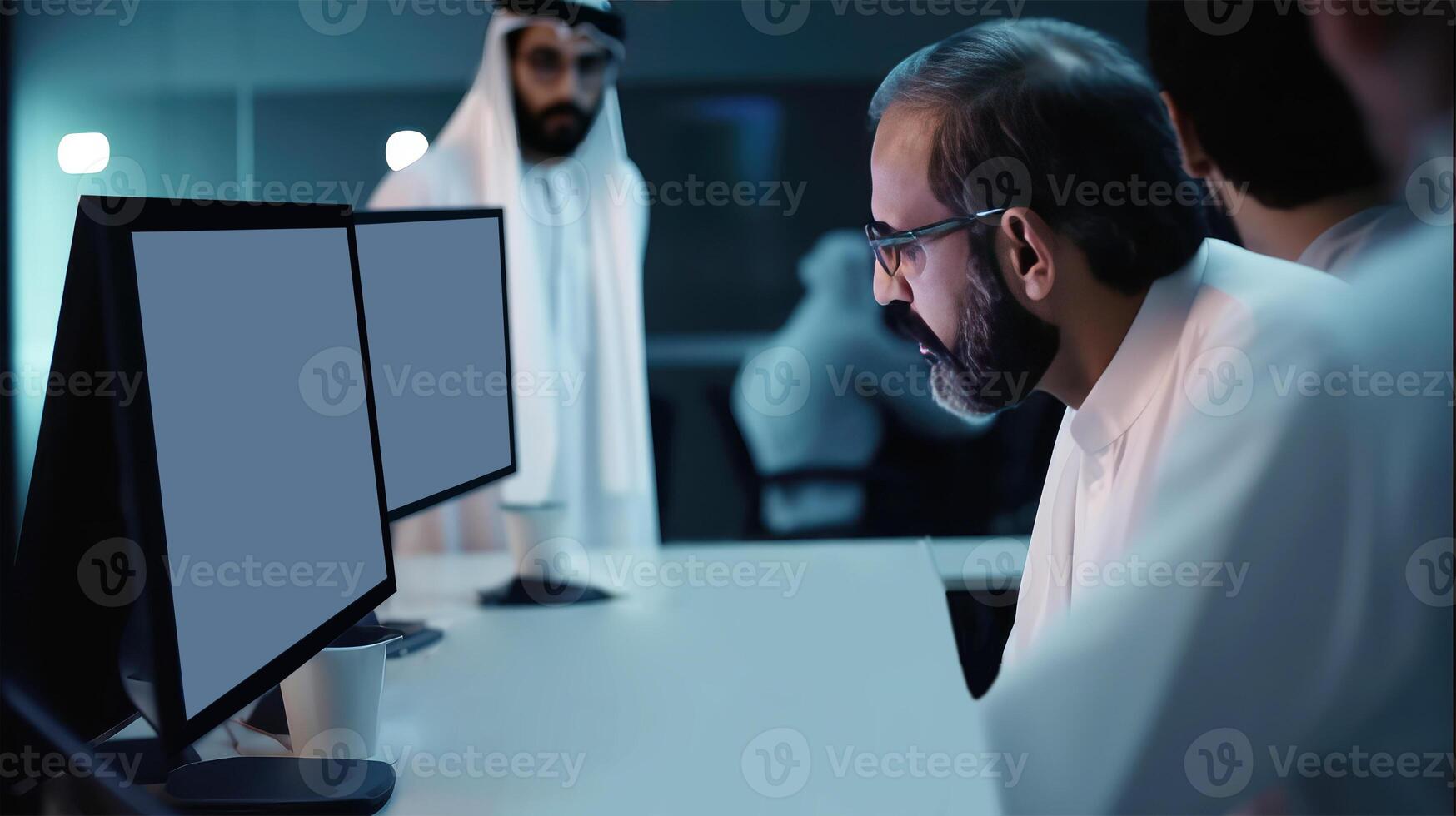 Realistic Portrait of Arabic Business People Working Together In An Office with Computer. Illustration. photo