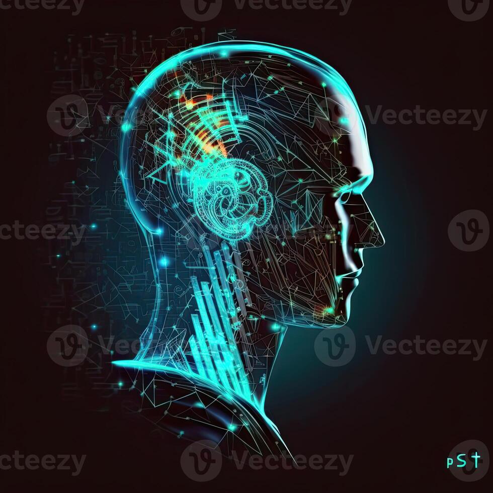 Artificial Intelligence in Humanoid Head with Neural Network, Digital Brain Learning Processing Big Data. Face of Cyber Mind. Technology. photo