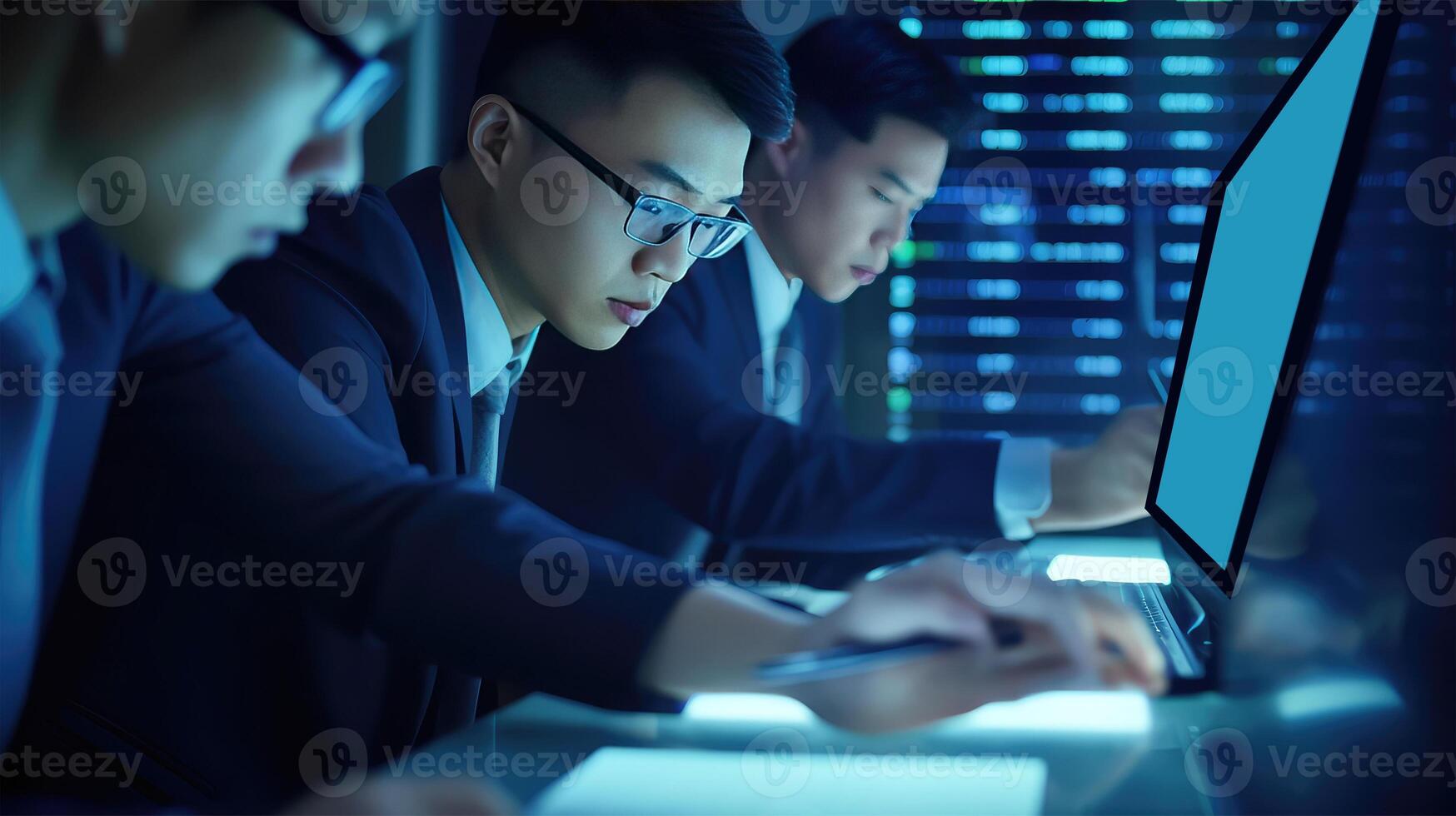 Portrait Team of Young Asian IT Programers Working on Desktop Computers In Database Control Room. Illustration. photo