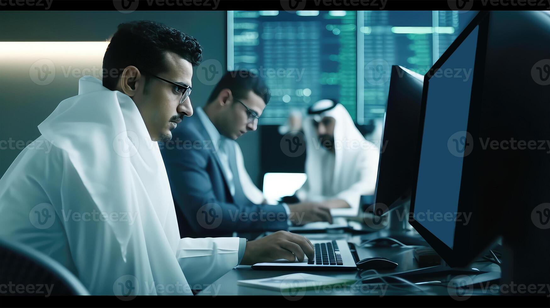 Team Portrait of Multicultural Business Working At Desk with Computer In An Office. Illustration. photo