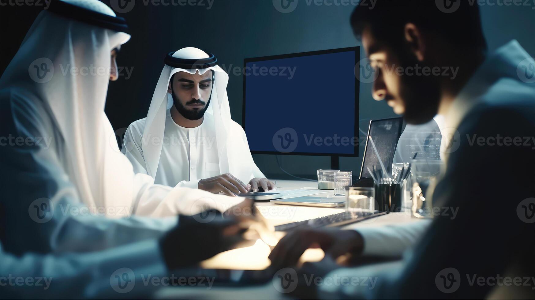 Side View of Handsome Businessmen Working Together at Desk With Computer And Keyboard In Dark Lighting Background. Generative AI Illustration. photo