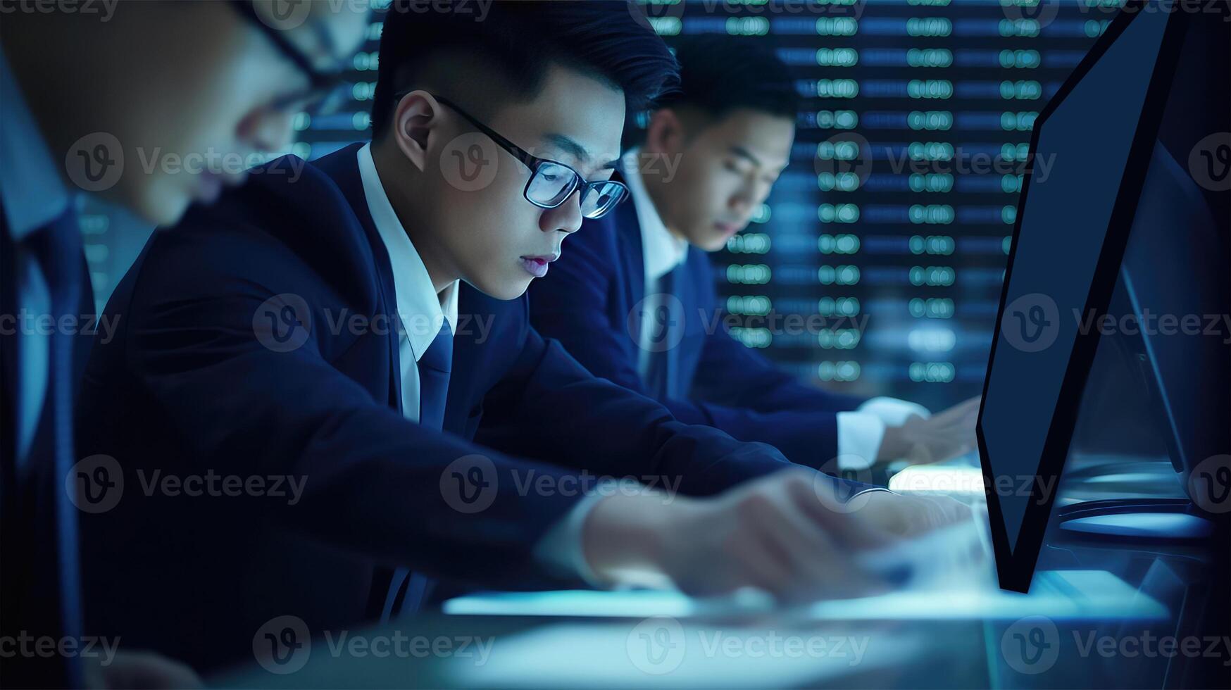 retrato equipo de joven asiático eso programadores trabajando en escritorio ordenadores en base de datos controlar habitación. generativo ai ilustración. foto