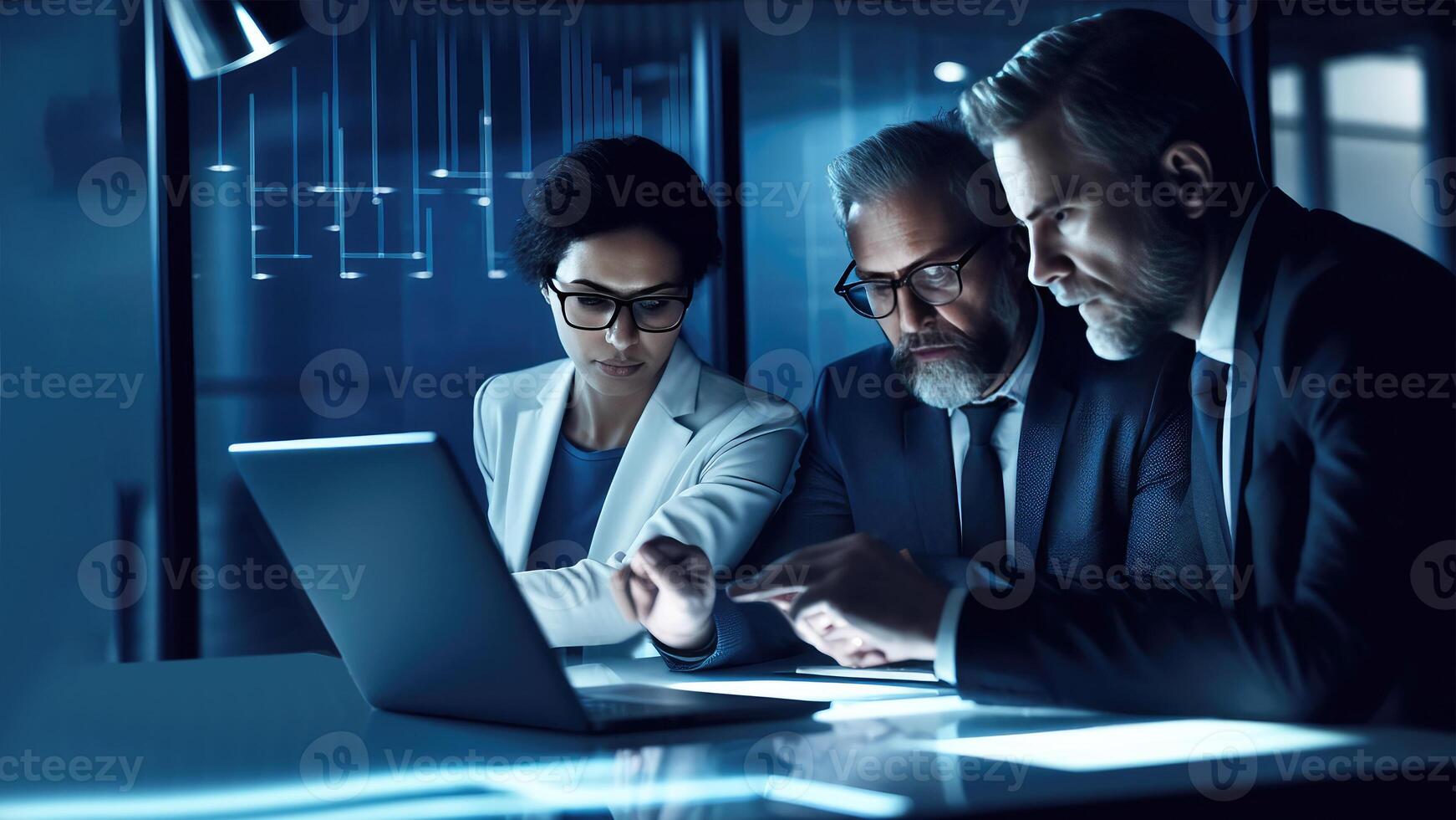 Closeup View of Serious Business People Discussing And Looking At Laptop in the Dark Blue Right Room. Illustration. photo