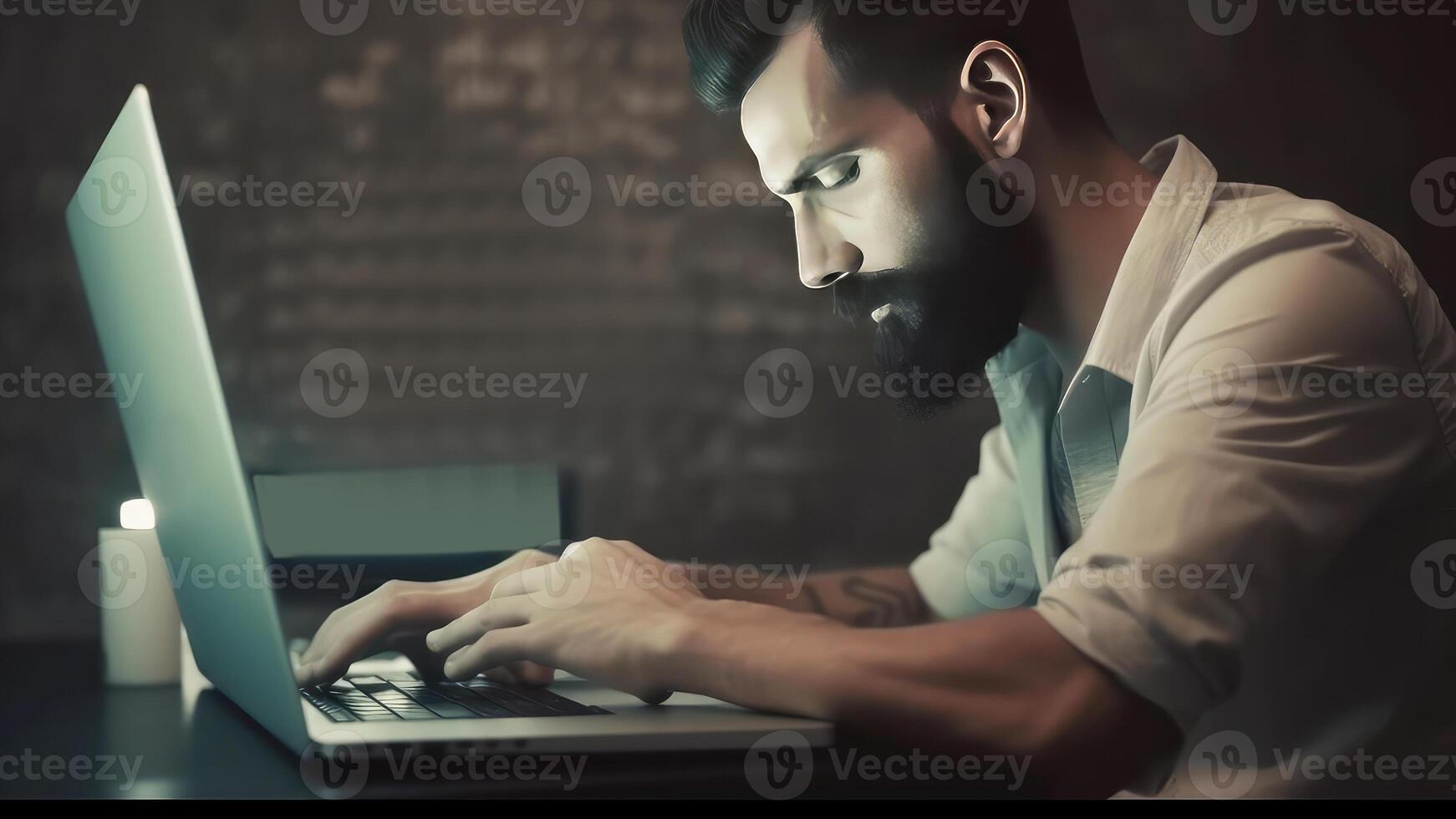 Side View of Formal Wear Concentrate Businessman Working on Laptop in Dark Light Room. Illustration. photo