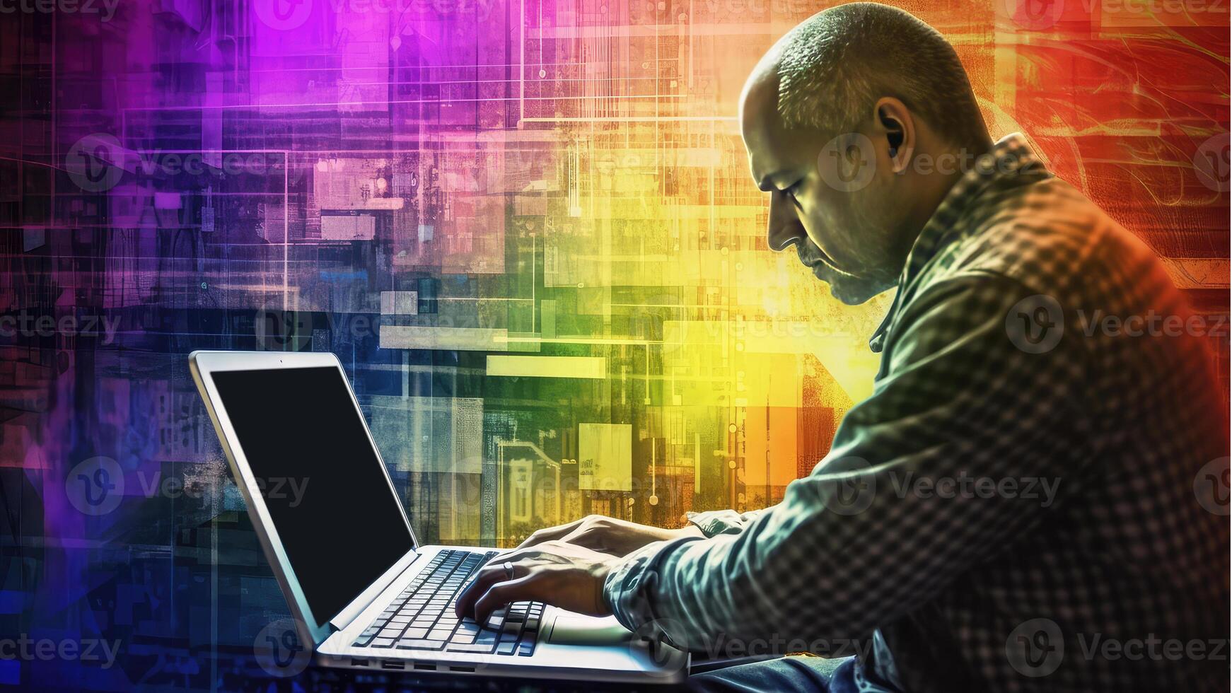 Side View of Concentrate Formal Wear Businessman Working on Laptop in Neon Glitch Room. Illustration. photo