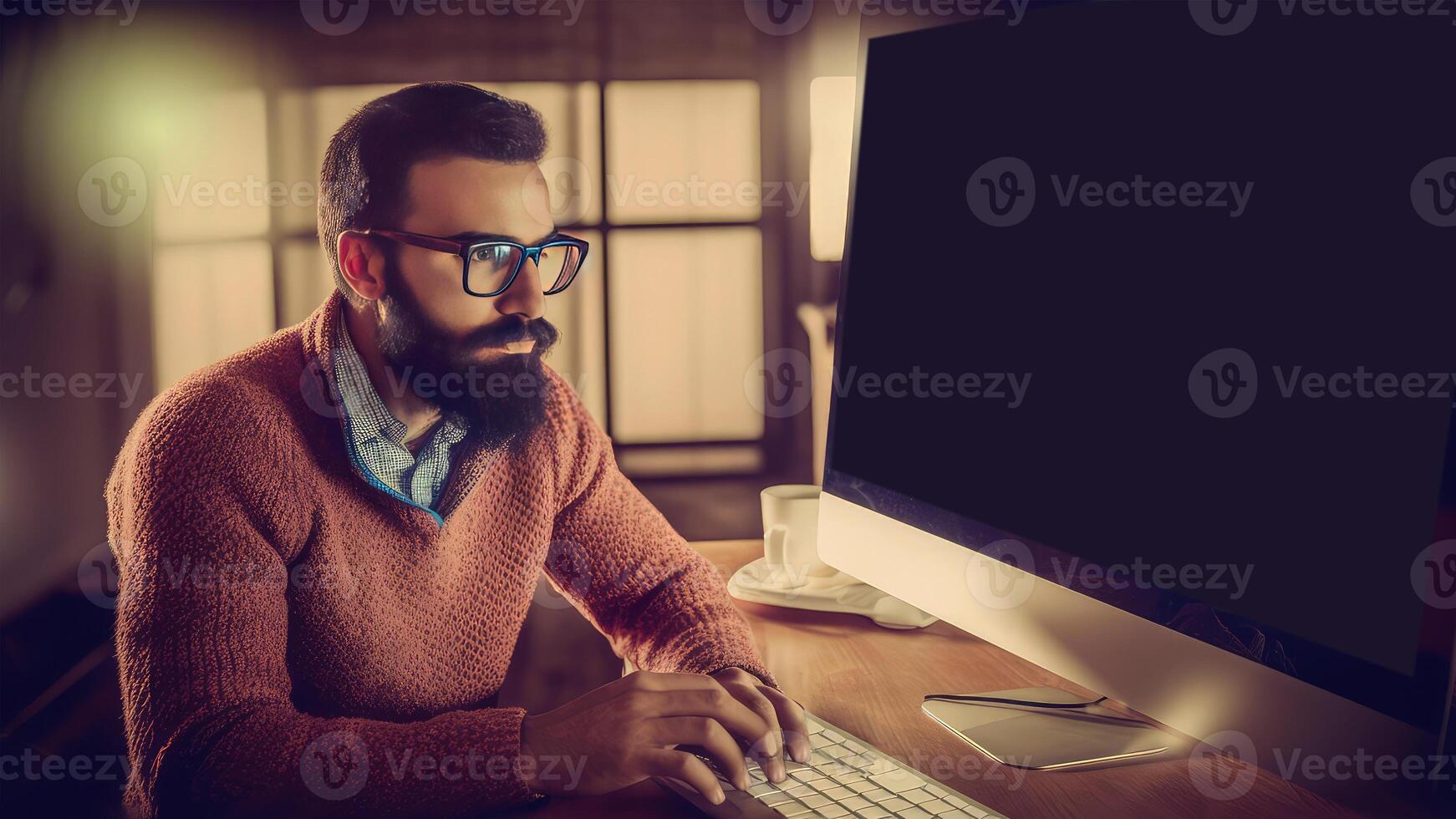 Realistic Portrait of Eyeglasses and Formal Wear and Eye Young Businessman Typing on Keyboard At Dark Light Room. Illustration. photo