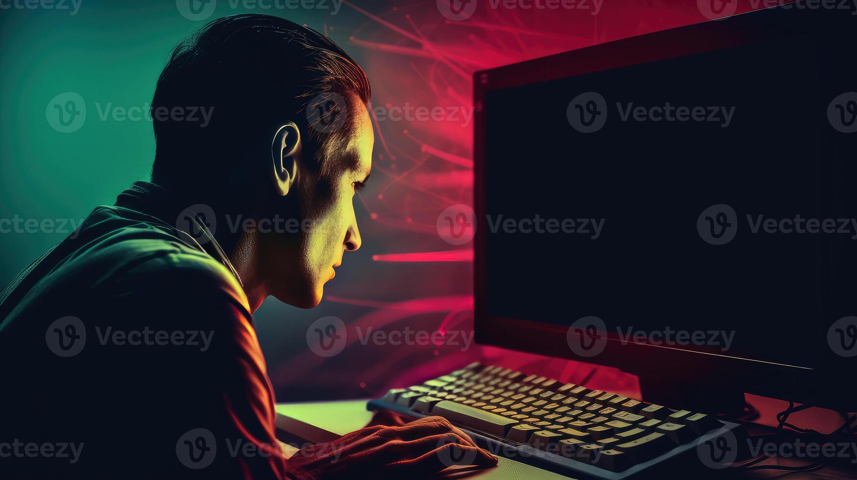 Side View of Young Businessman Typing on Keyboard With Computer In Dark Neon Light Room. Illustration. photo