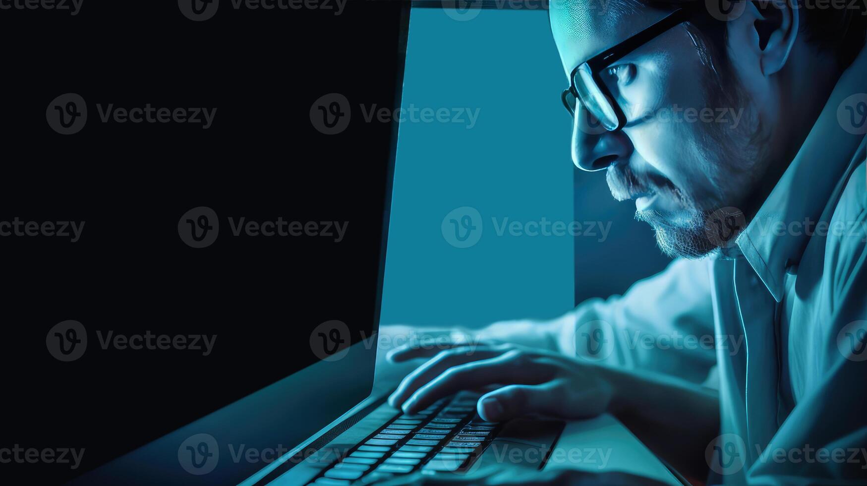 Side View of Concentrate Businessman Working on Keyboard with Computer At Dark Blue Light Room. Illustration. photo