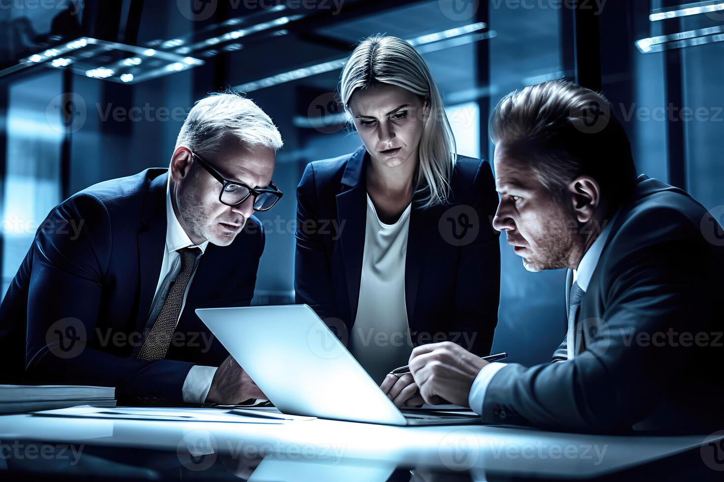 Closeup View of Serious Business People Discussing And Looking At Laptop in the Dark Blue Right Room. Illustration. photo