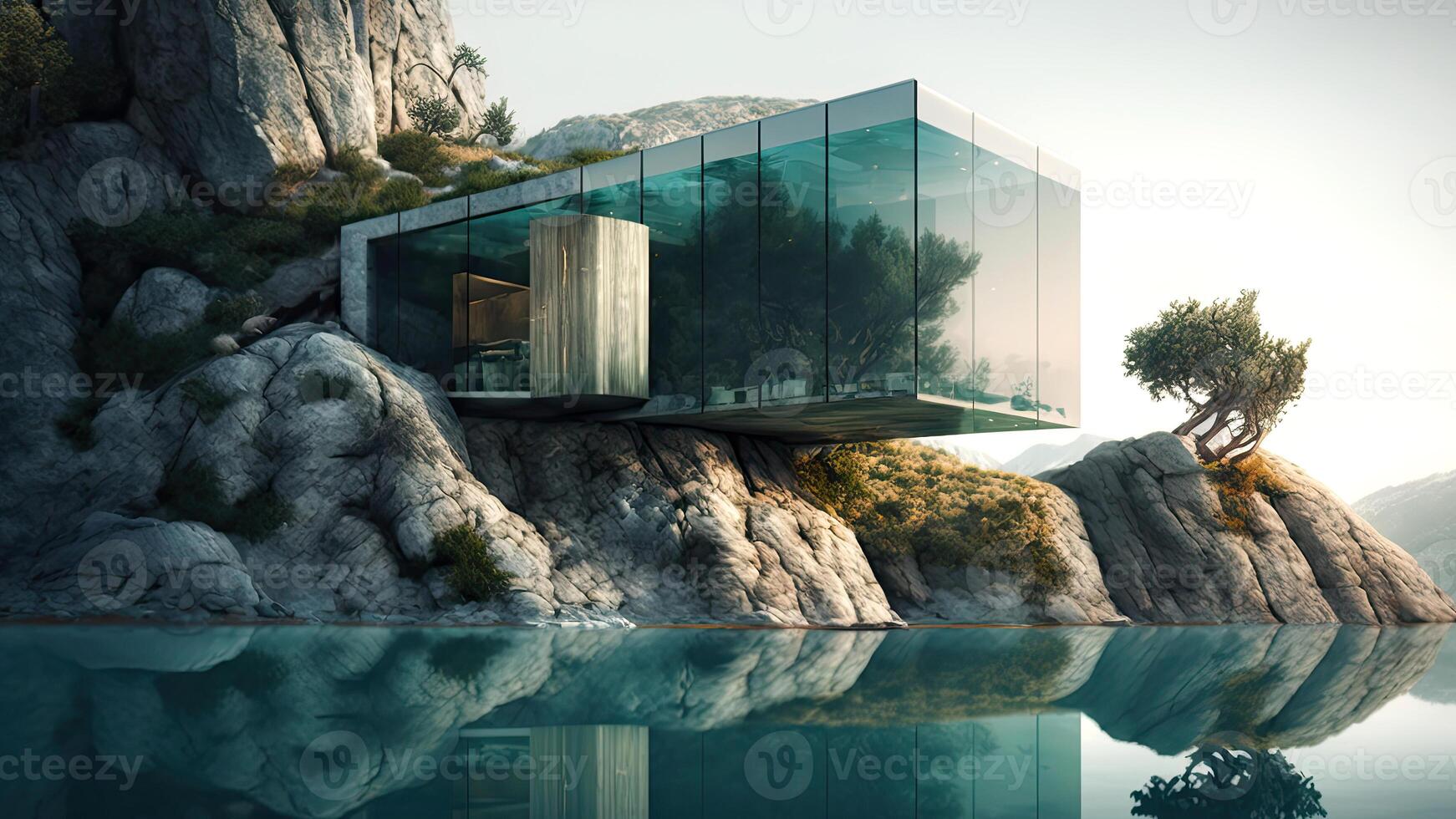 moderno al aire libre nadando piscina zona con naturaleza ver y contemporáneo villa, generativo ai. foto