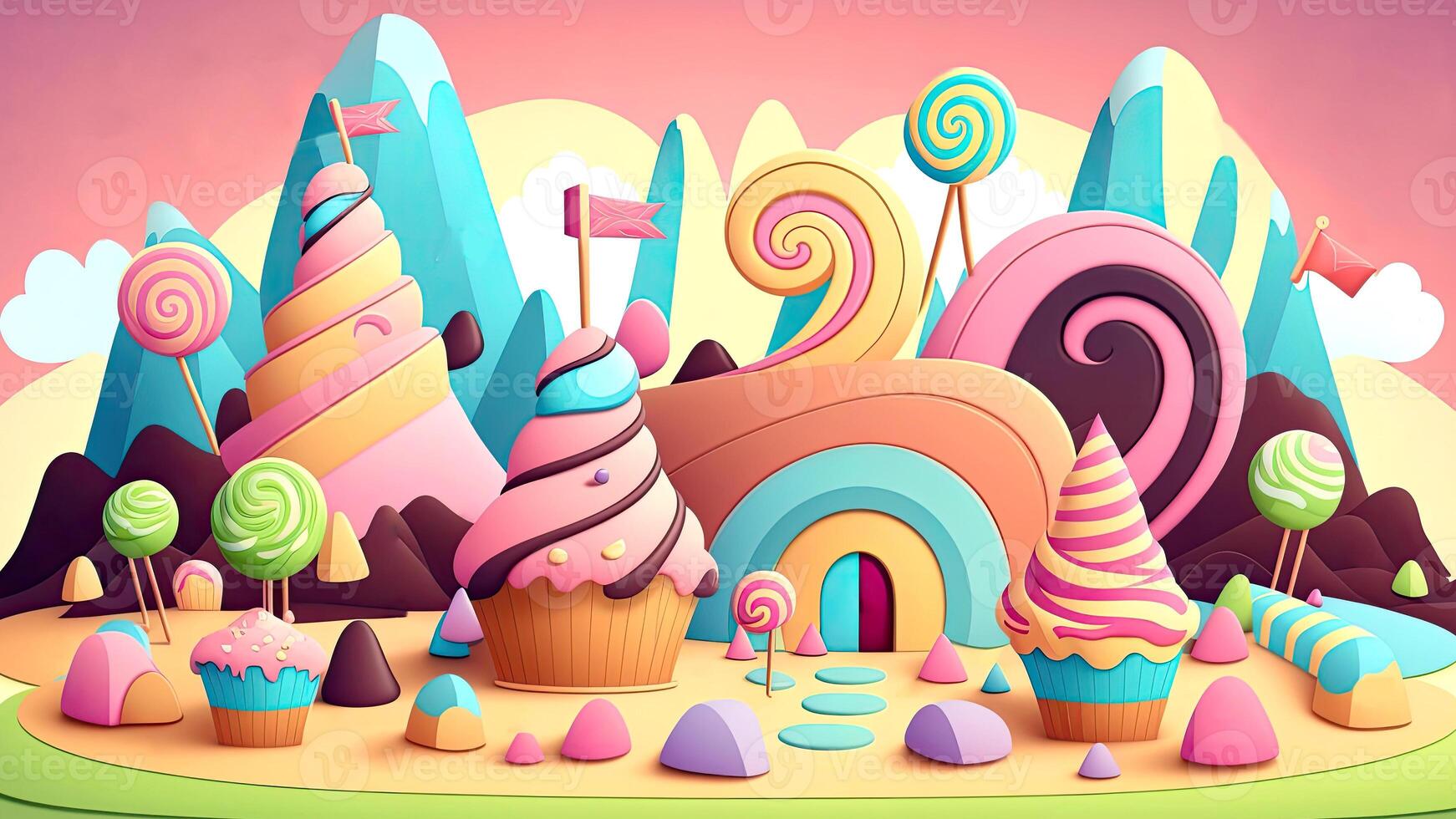 hermosa fantasía dulce mundo fondo, tierra de dulces. generativo ai, digital ilustración. foto