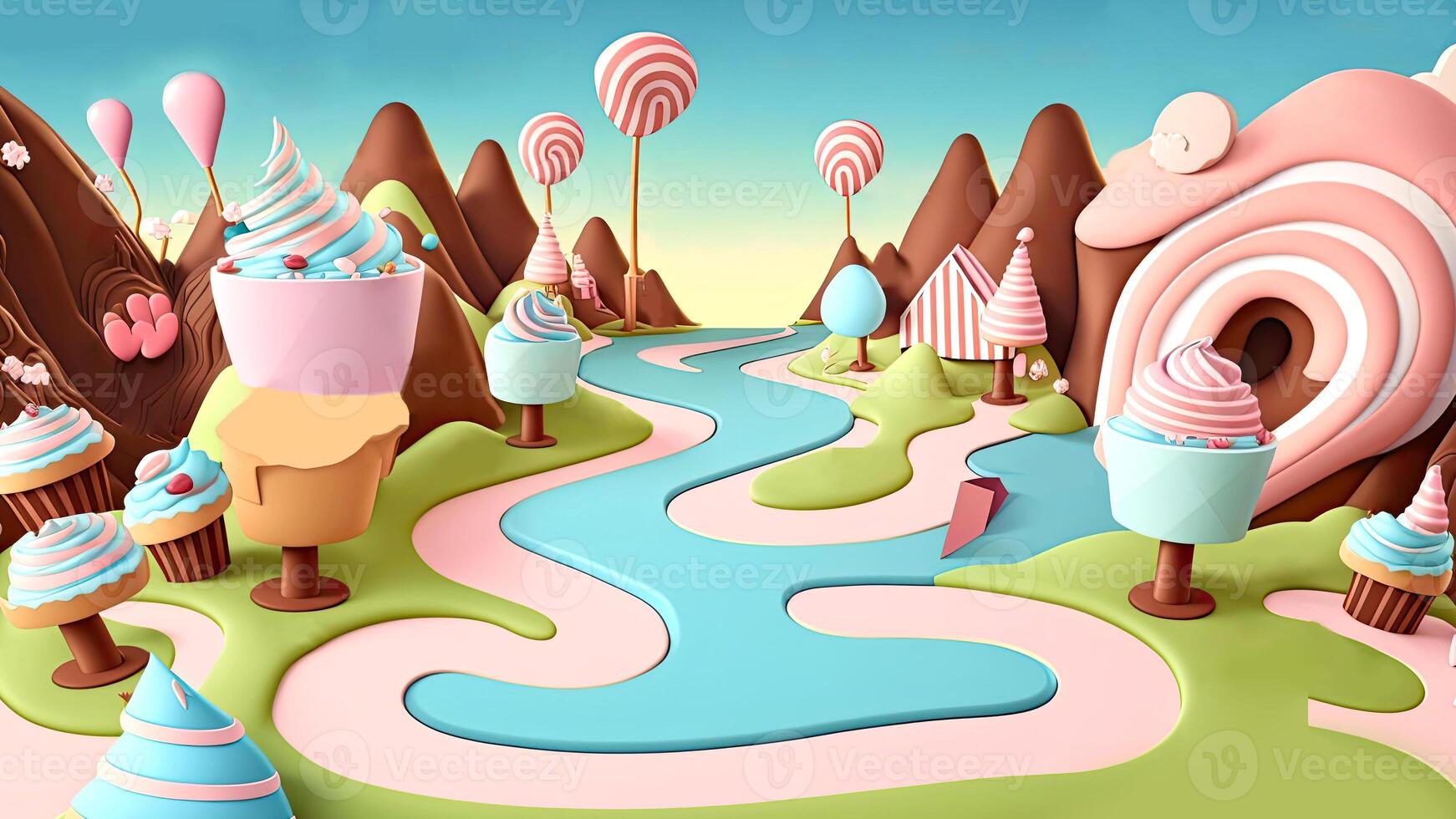 Beautiful fantasy sweet world background, Candyland. , Digital Illustration. photo