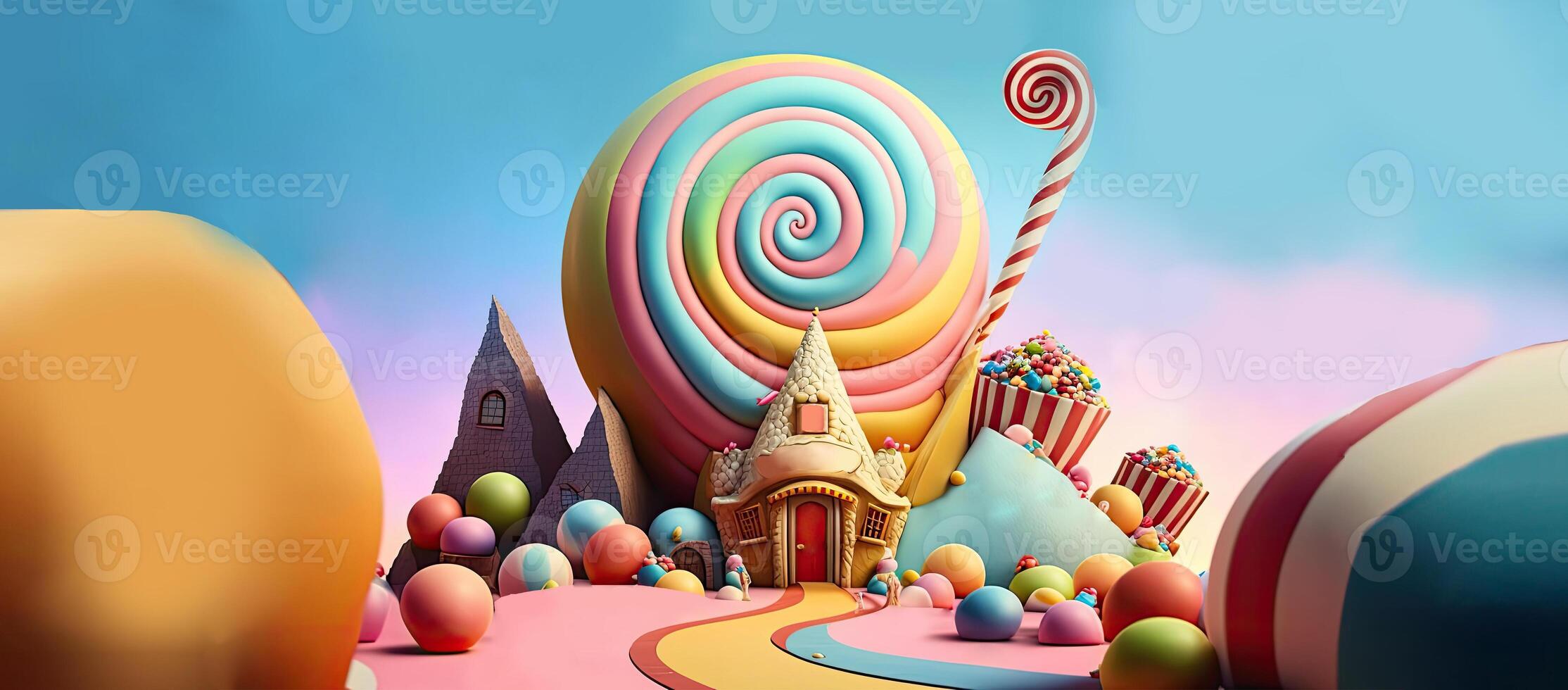 Beautiful fantasy sweet world background, Candyland. , Digital Illustration. photo