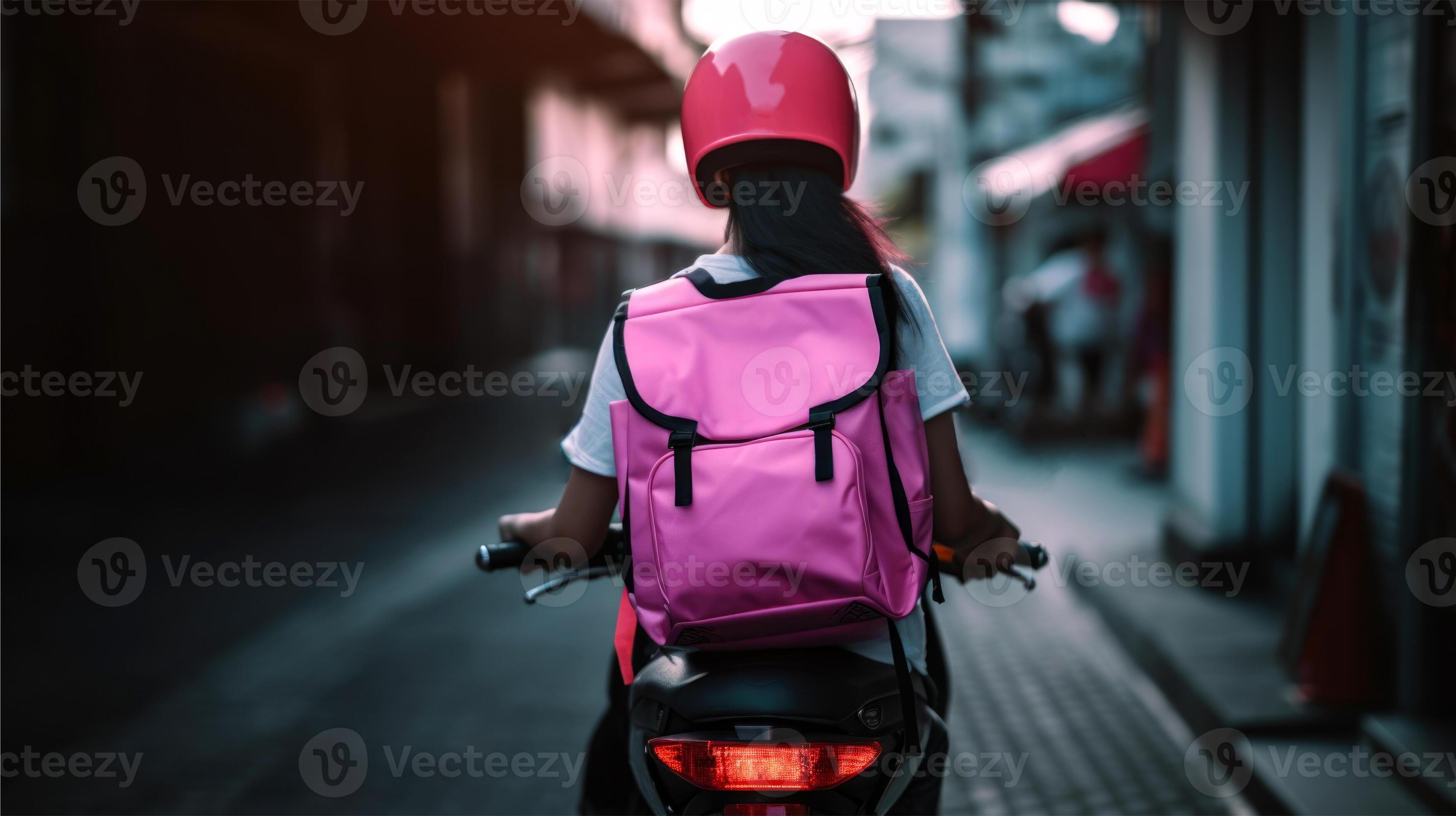 Back View of Delivery Girl Riding on Scooty with Courier Backpack Express Delivery Service. 24039980 Stock Photo at Vecteezy