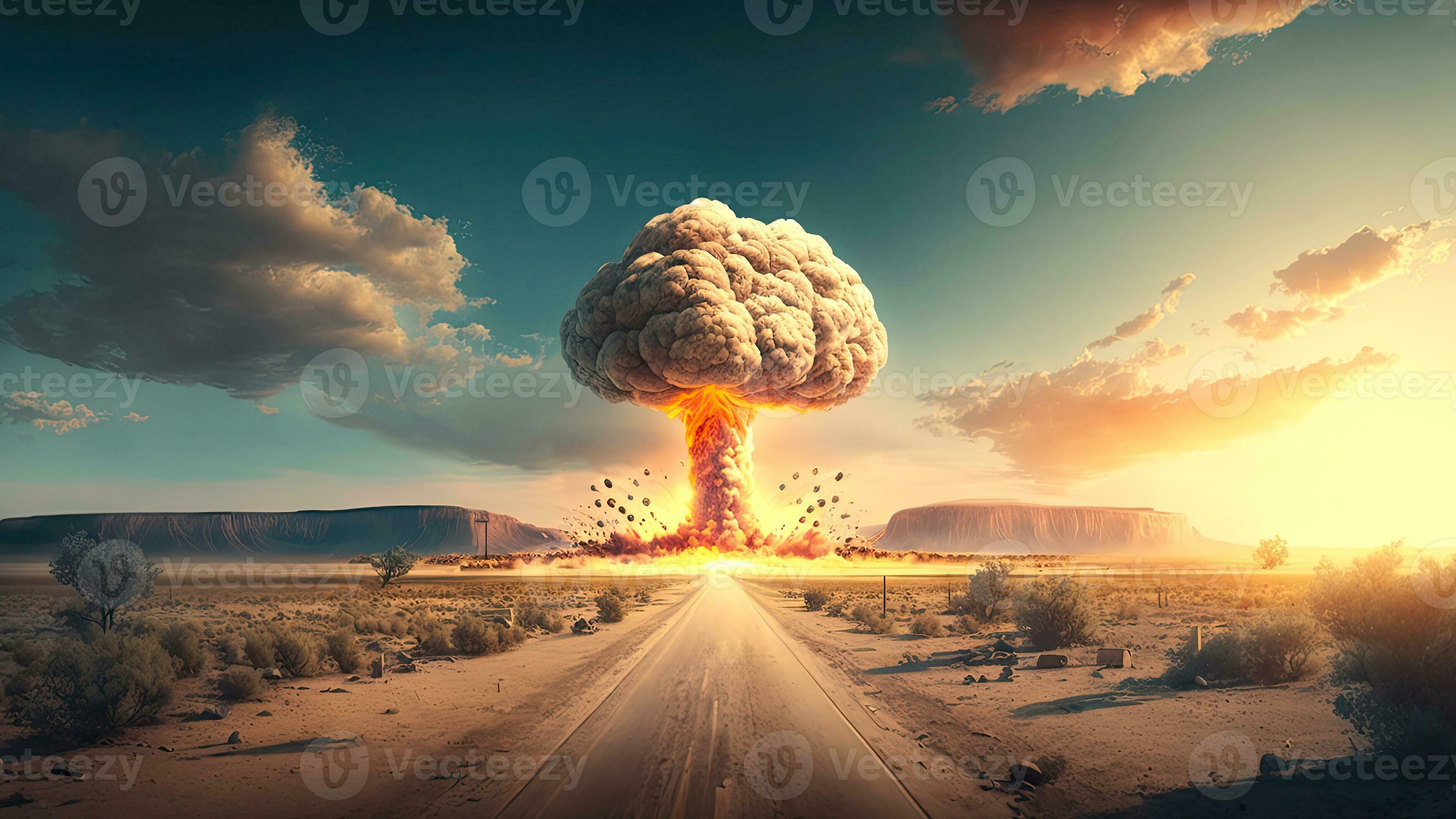 Destroyed world, nuclear explosion with fire burning, aigenerative