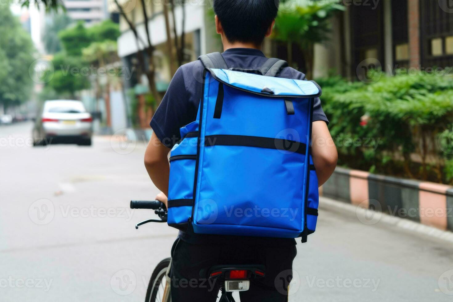 Back View of Fictional Food Delivery Man Riding on Vicky Bike with Thermal Bag, Express Delivery Service from Cafe and Restaurant. Generative AI. photo