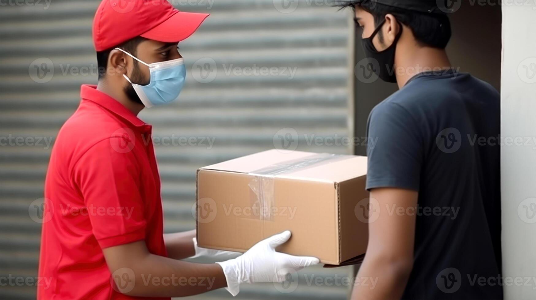 Side View Portrait of Delivery Boy Giving Cardboard Box to Male Customer in Protective Mask at Doorstep. Generative AI. photo