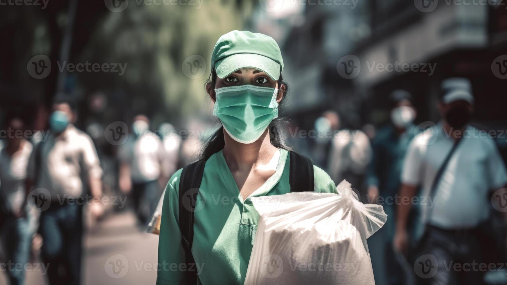 Portrait of Delivery Girl Carrying Food Package in Protective Mask, Work for Courier Company. . photo