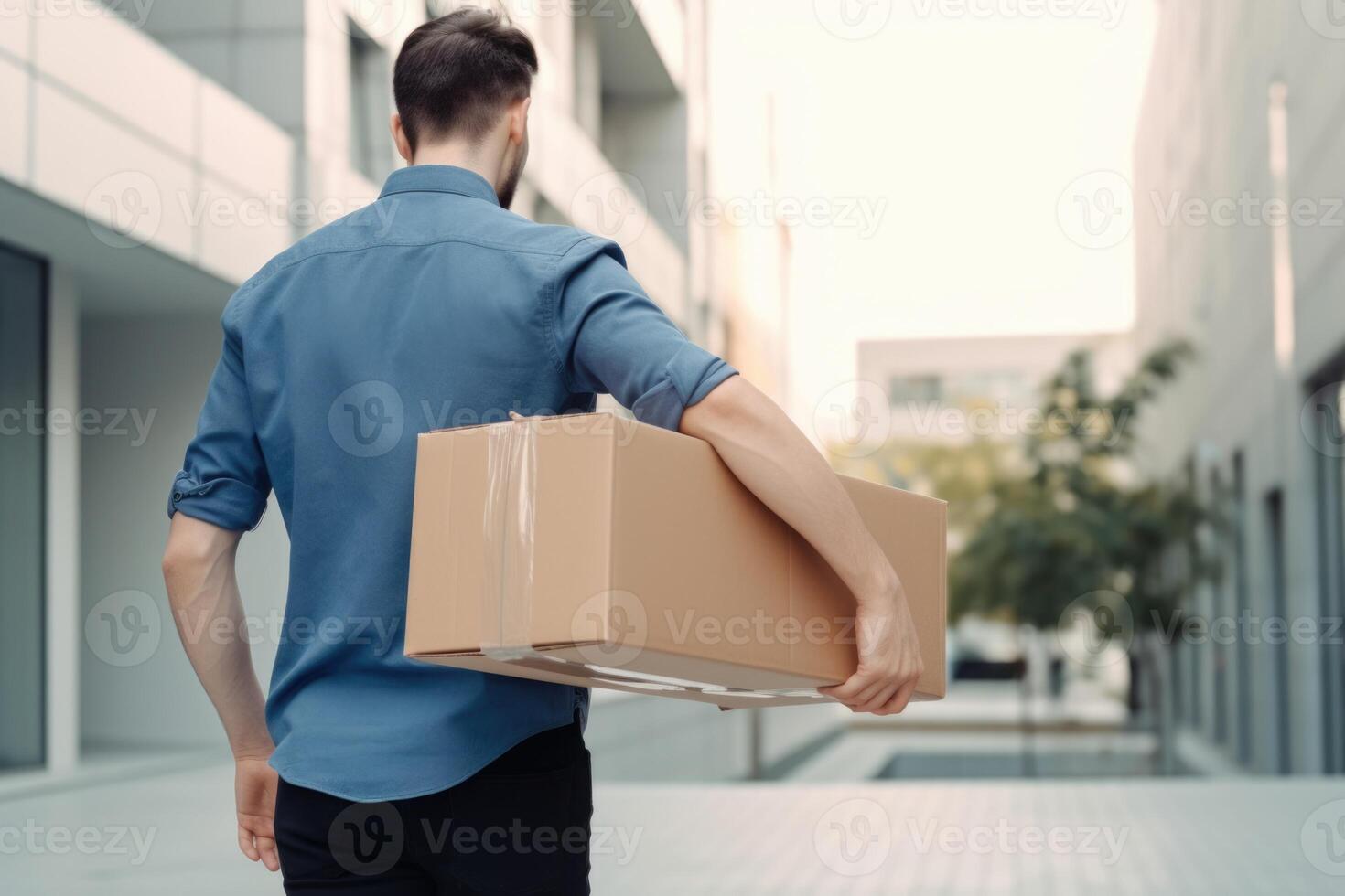 Rear Portrait of Delivery Man Holding Cardboard Box in Walking Pose, Work for Courier Company, . photo
